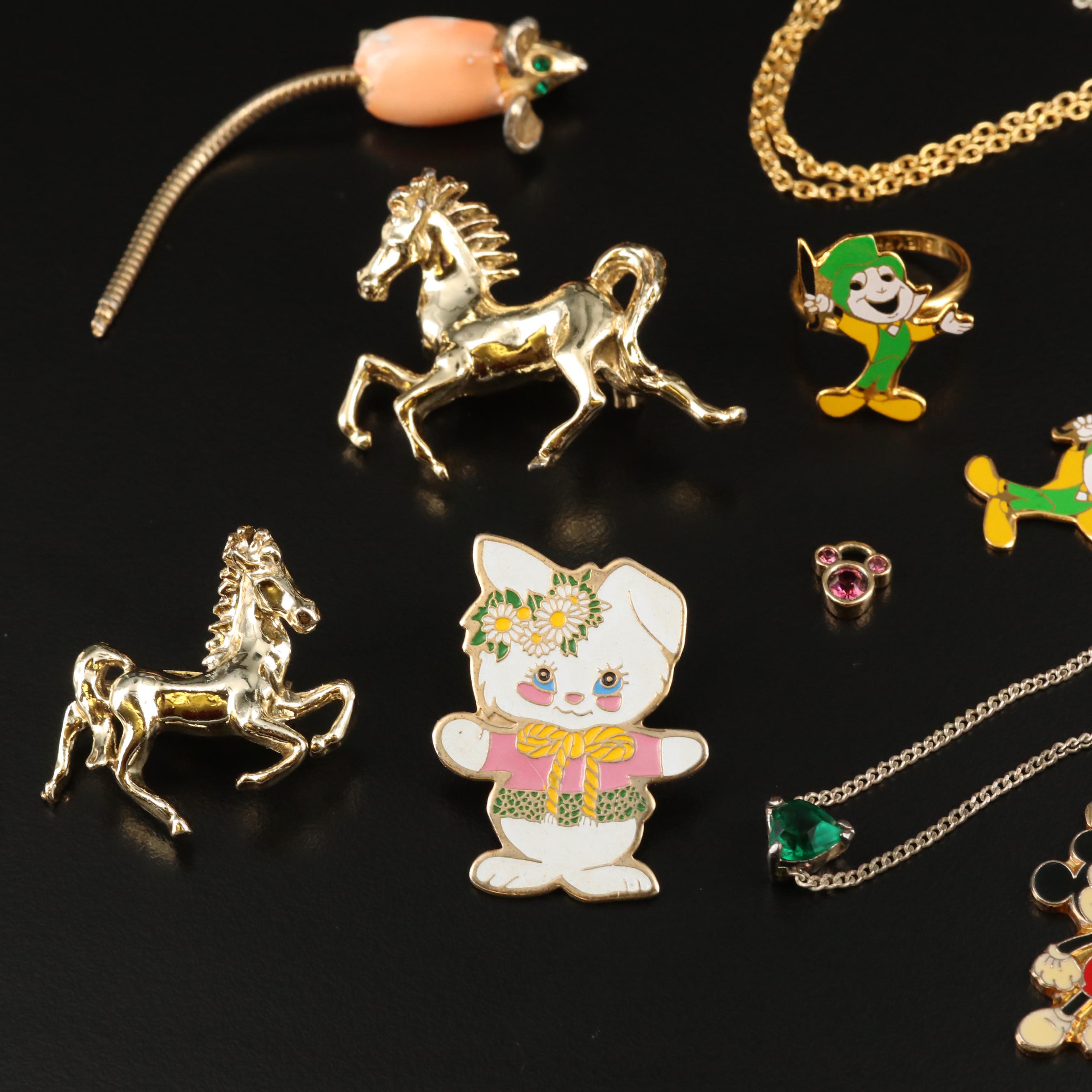 Rhinestone Pins, Charms, Brooches and Necklaces Featuring Disney