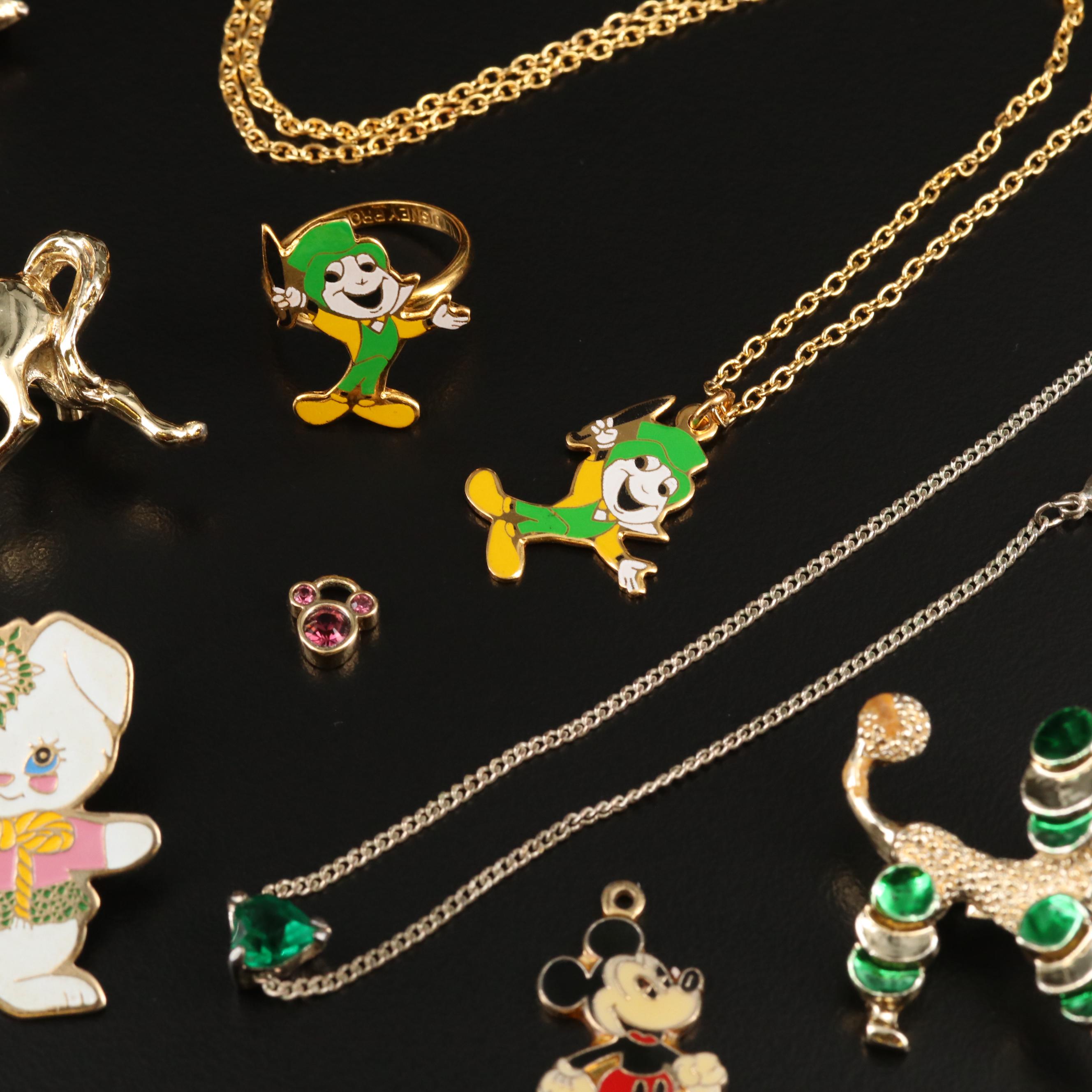 Rhinestone Pins, Charms, Brooches and Necklaces Featuring Disney