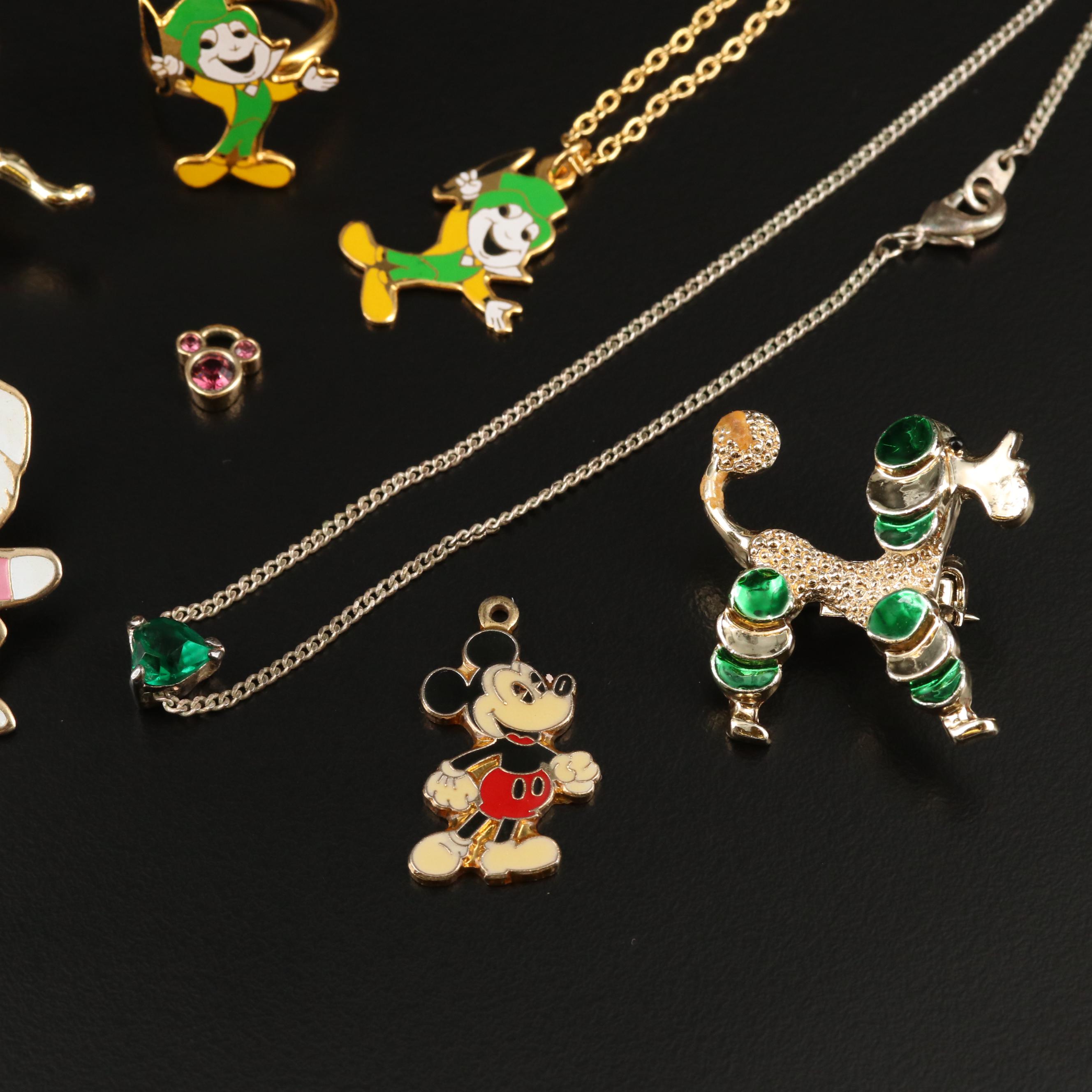 Rhinestone Pins, Charms, Brooches and Necklaces Featuring Disney