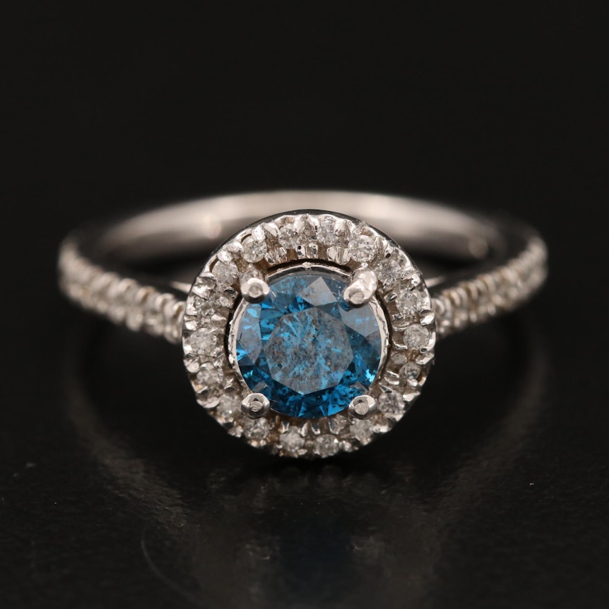 14K Blue Diamond Ring with Diamond Halo
