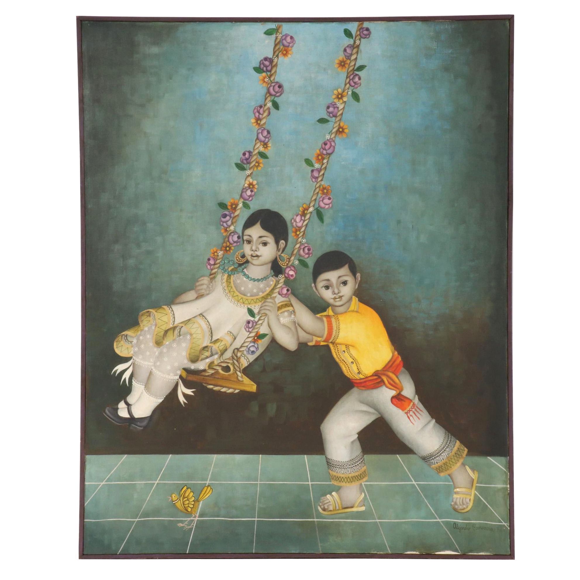 Alejandro Camarena Oil Painting of Children and Swing, 1972
