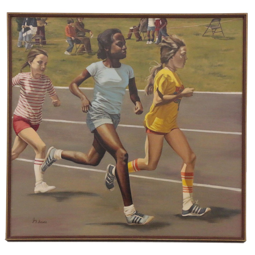 Joy Beeson Oil Painting of Track Race, Late 20th Century