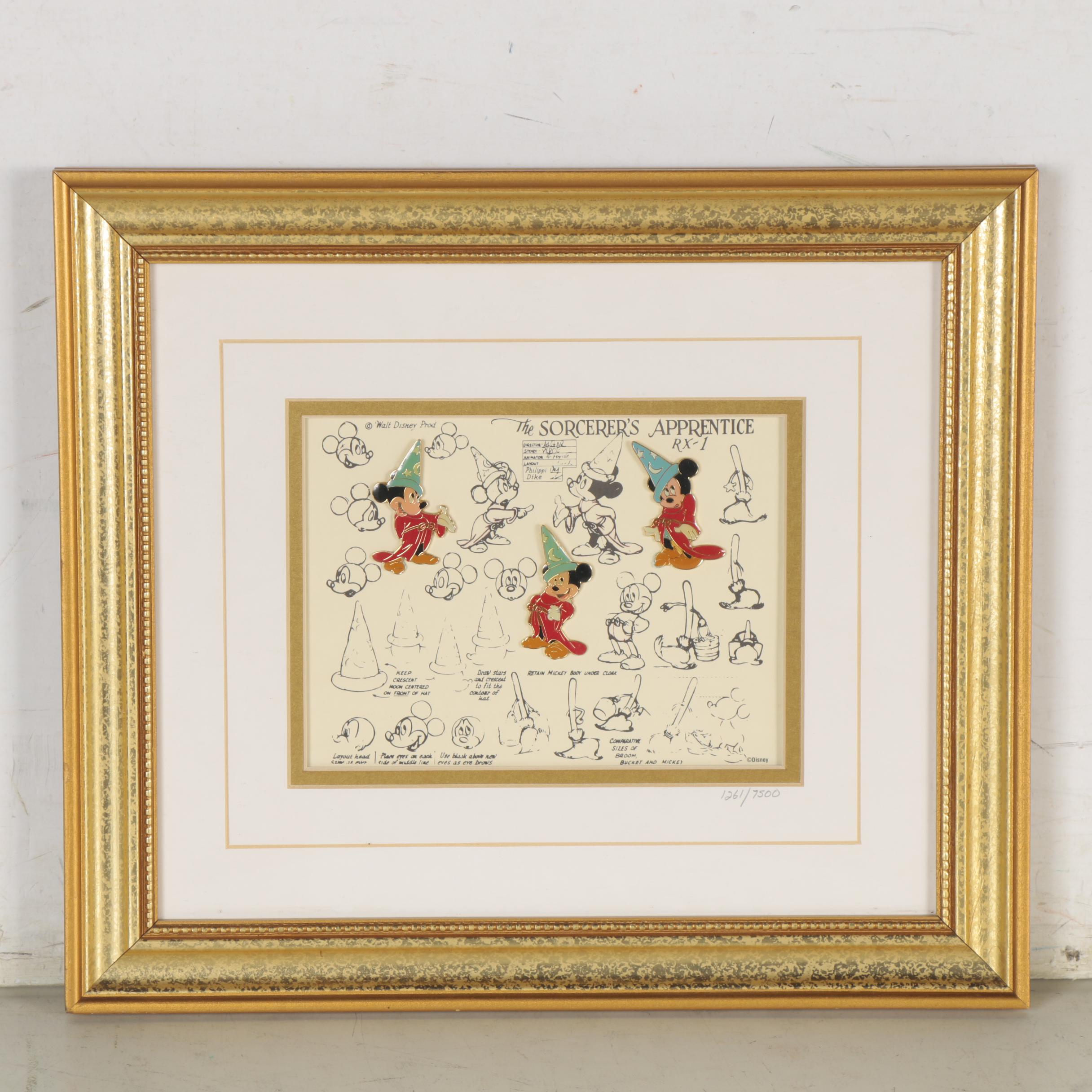 Lithograph and Offset Lithographs of Disney Character Sketches, Including Pins