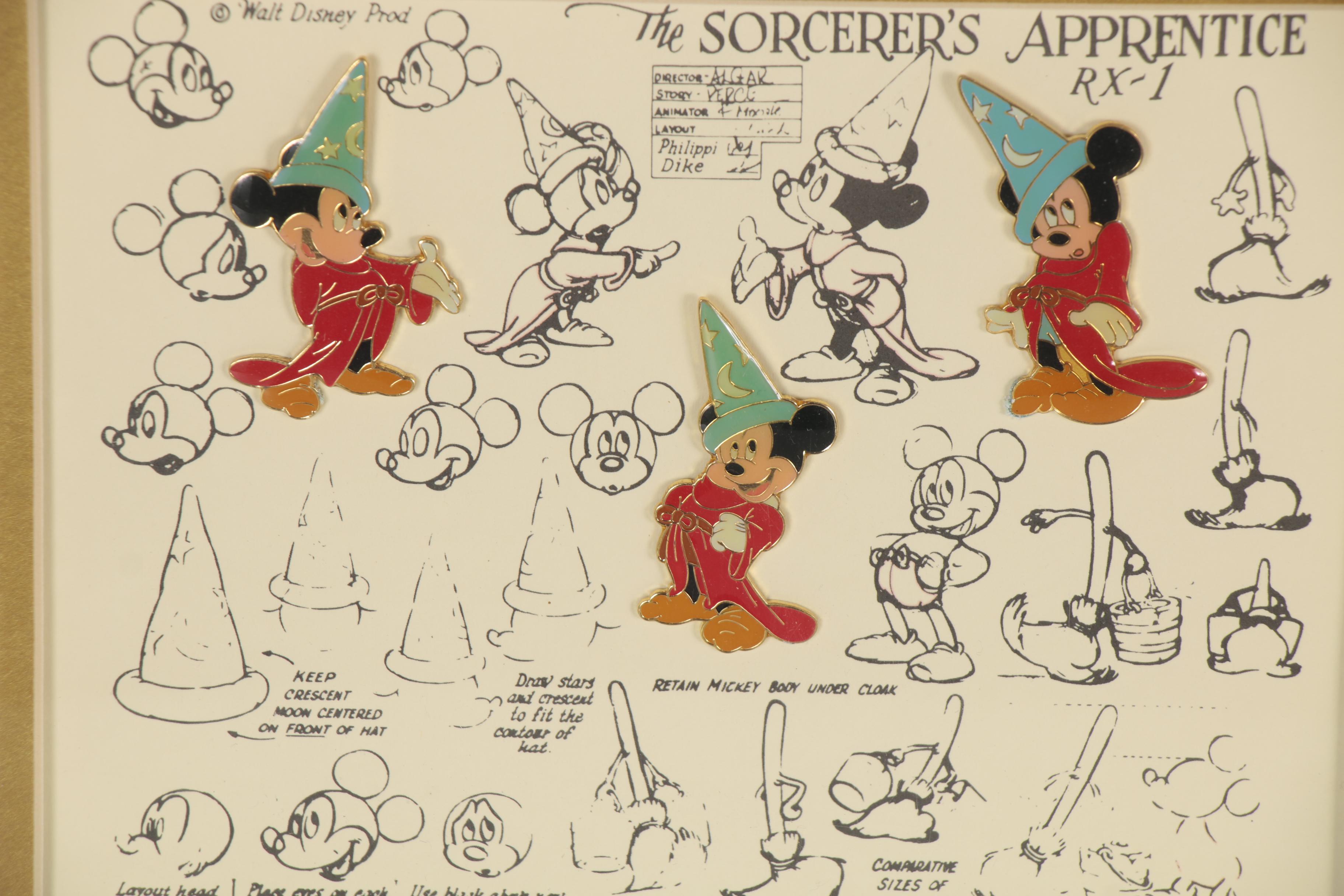 Lithograph and Offset Lithographs of Disney Character Sketches, Including Pins