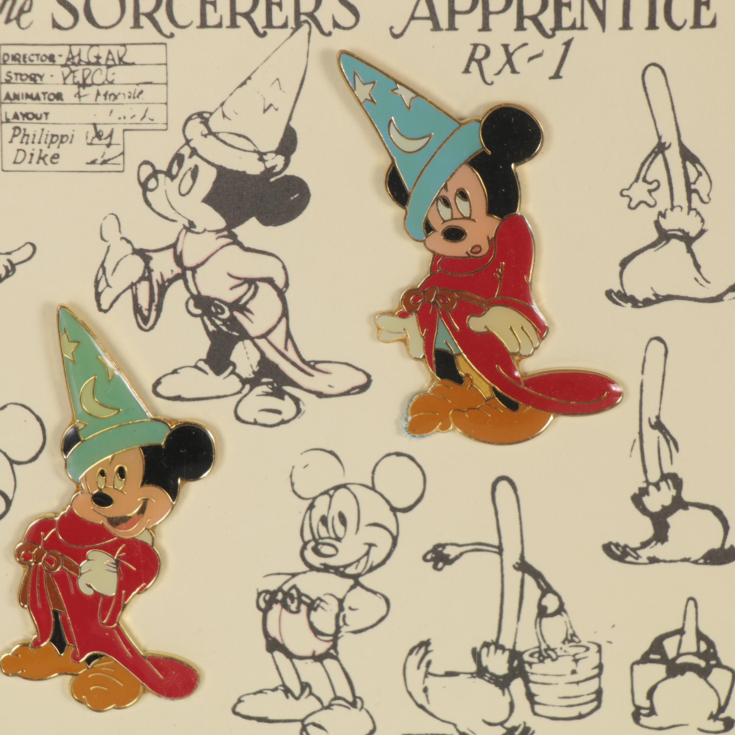 Lithograph and Offset Lithographs of Disney Character Sketches, Including Pins