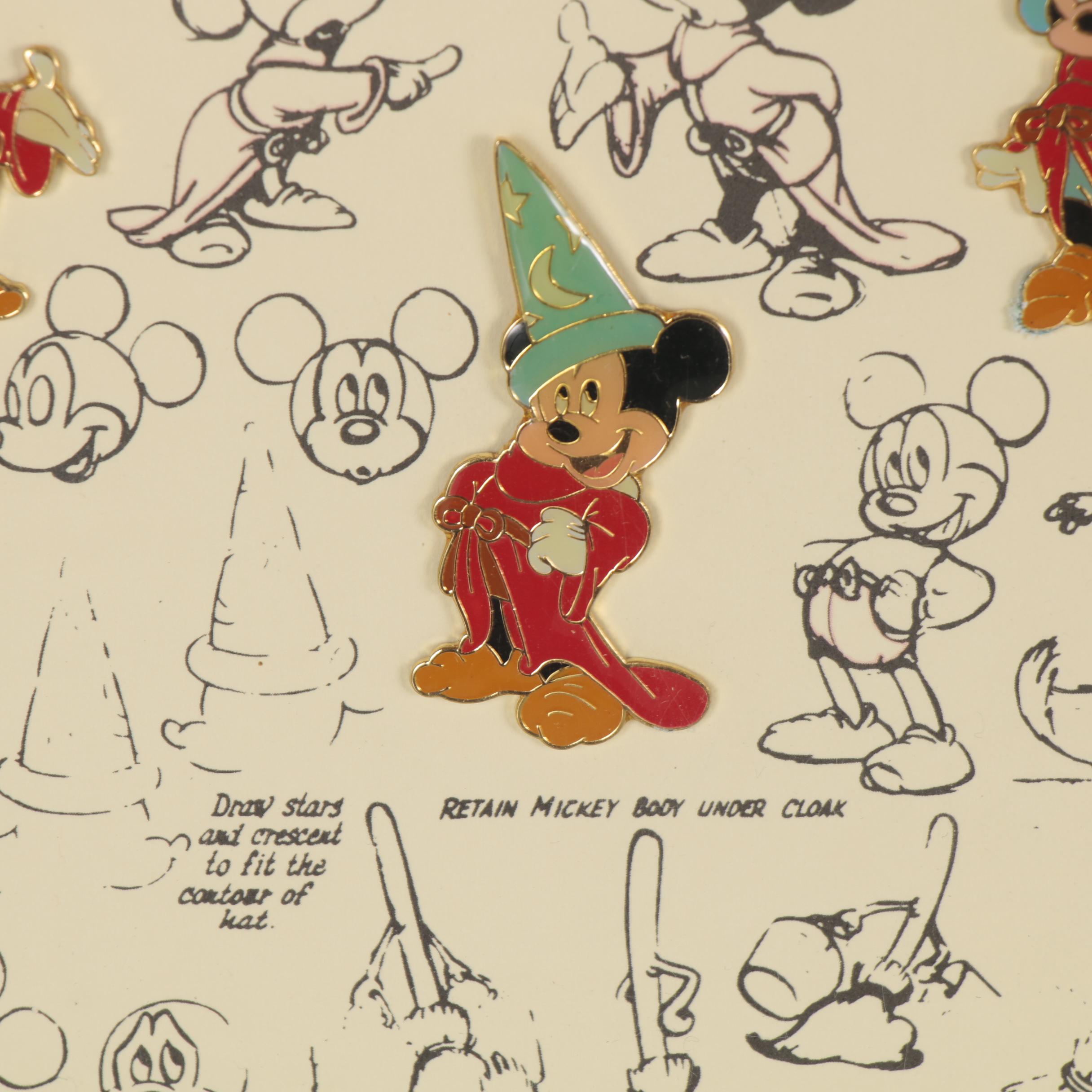Lithograph and Offset Lithographs of Disney Character Sketches, Including Pins