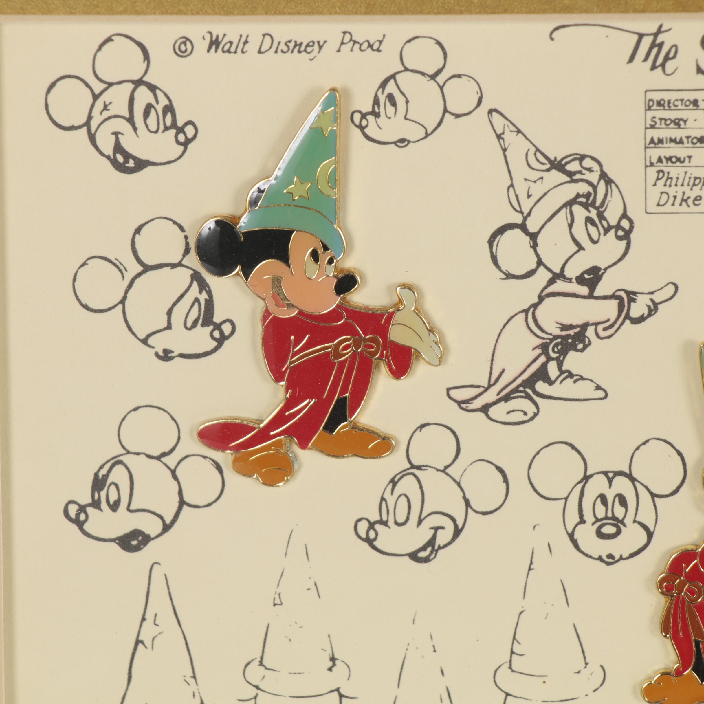 Lithograph and Offset Lithographs of Disney Character Sketches, Including Pins