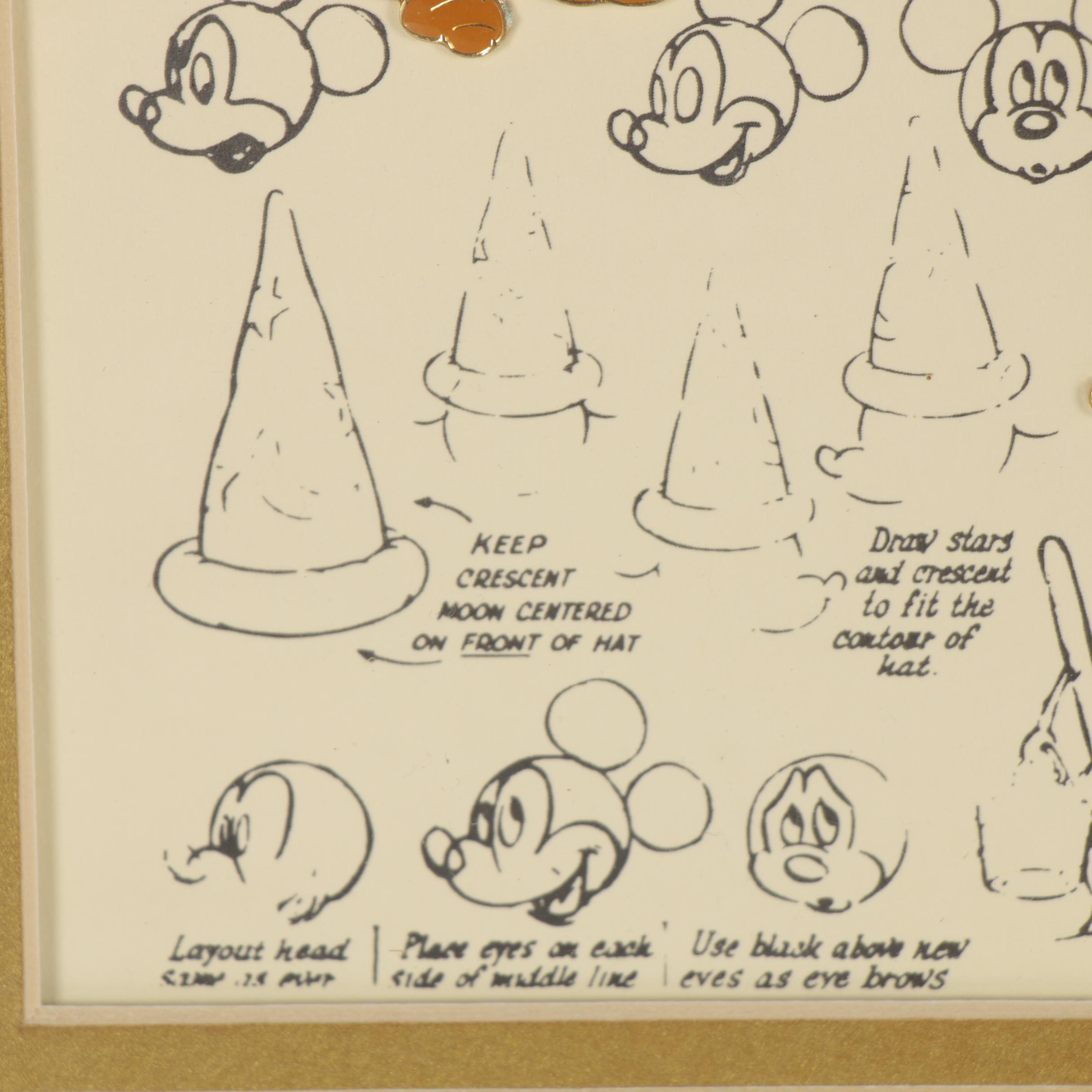 Lithograph and Offset Lithographs of Disney Character Sketches, Including Pins