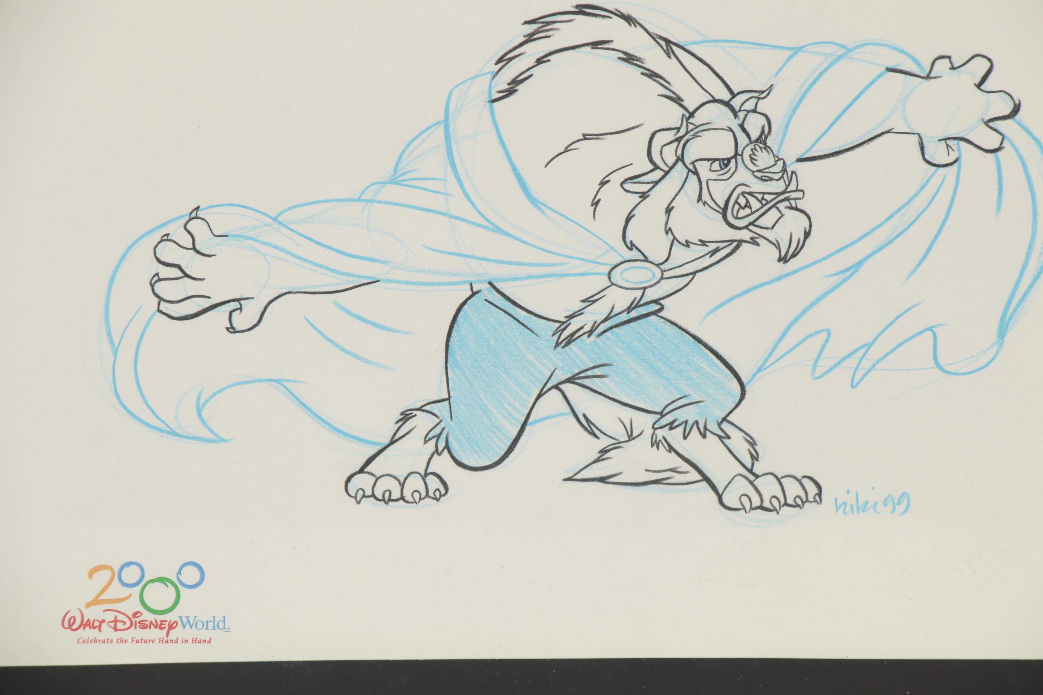 Lithograph and Offset Lithographs of Disney Character Sketches, Including Pins