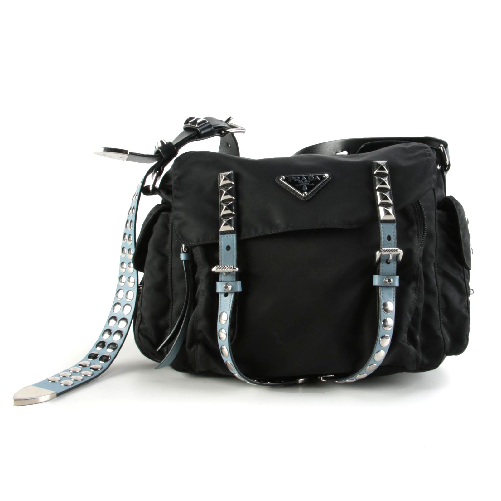 Prada Vela Flap Tessuto Nylon and Studded Leather Messenger Crossbody Bag