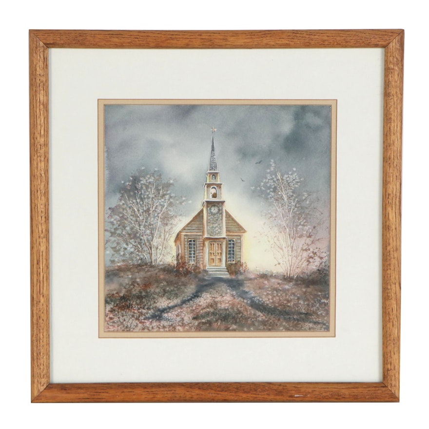 Mark Meisenholder Watercolor Painting "Country Church," Late 20th Century