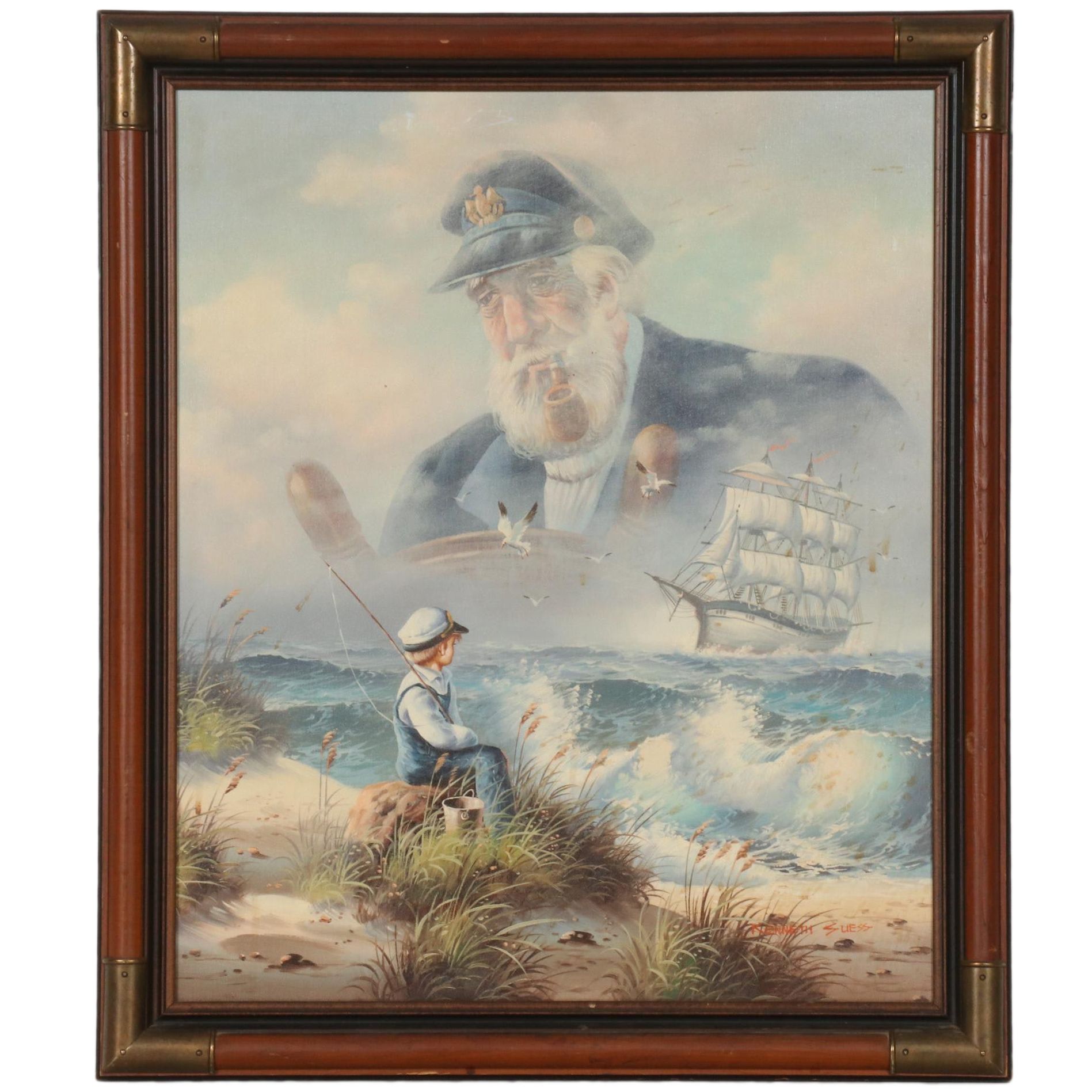 Kenneth Suess Oil Painting of a Boy and Sea Captain