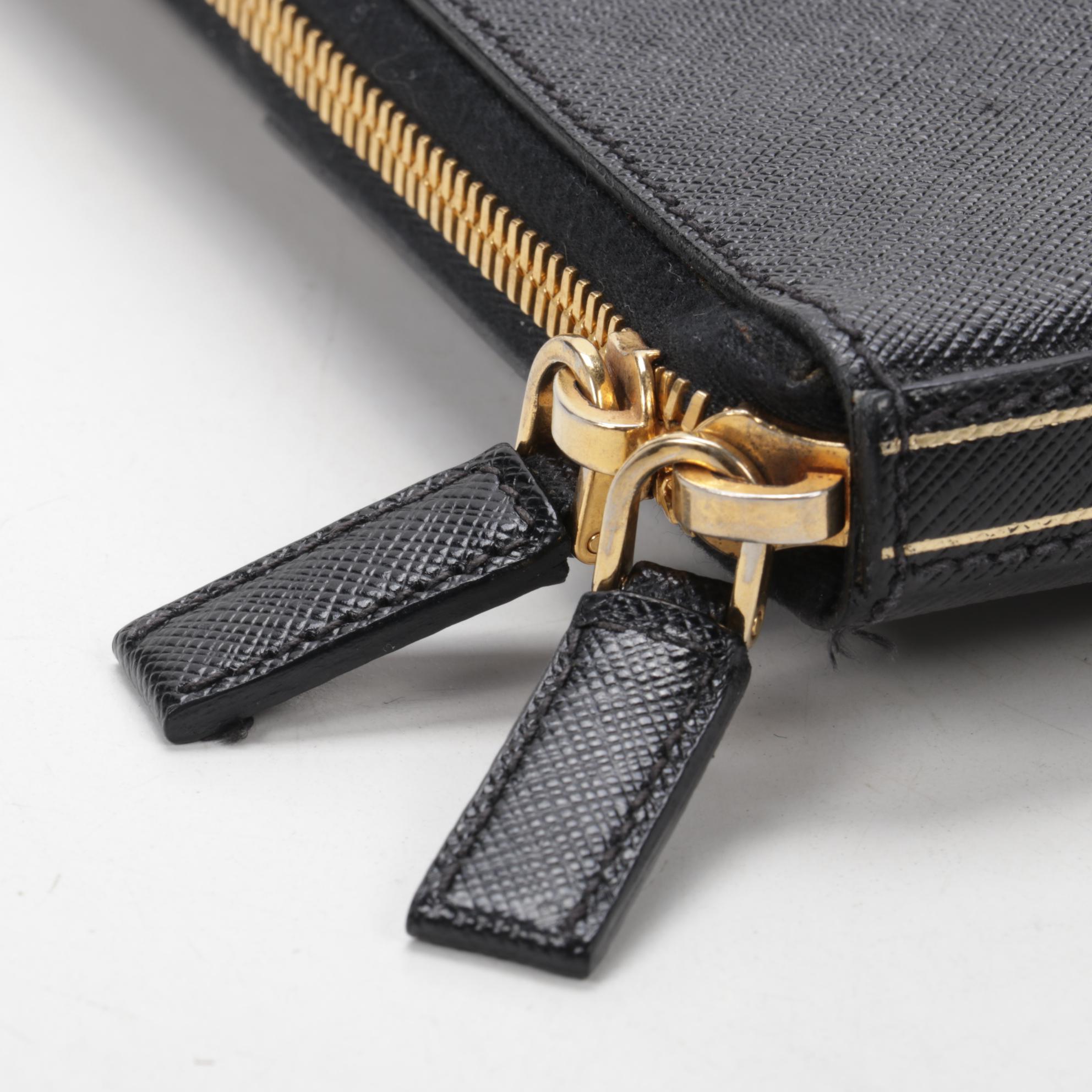 Prada Black Marbled Saffiano Leather Zip Around Portfolio