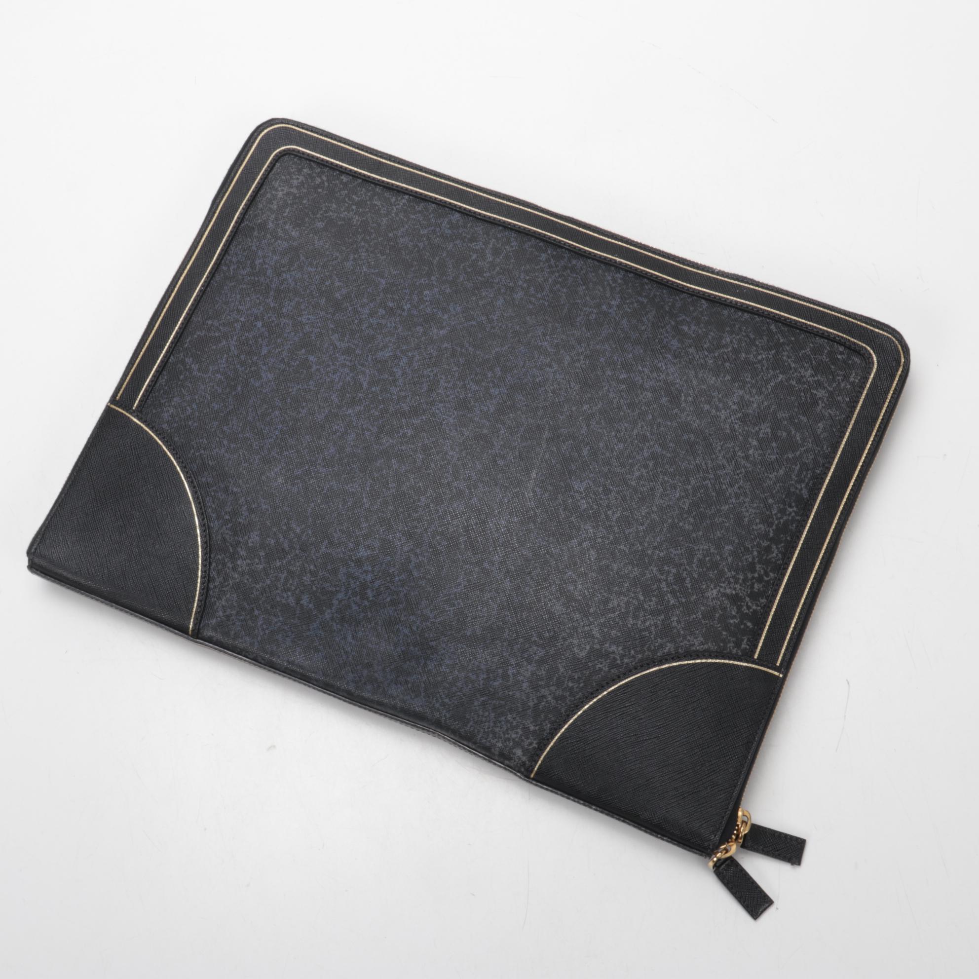 Prada Black Marbled Saffiano Leather Zip Around Portfolio