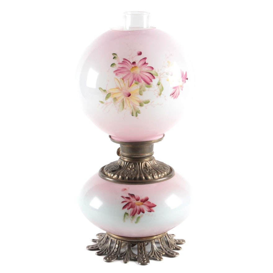 Hand-Painted Glass Victorian Parlor Lamp, 20th Century and Adapted