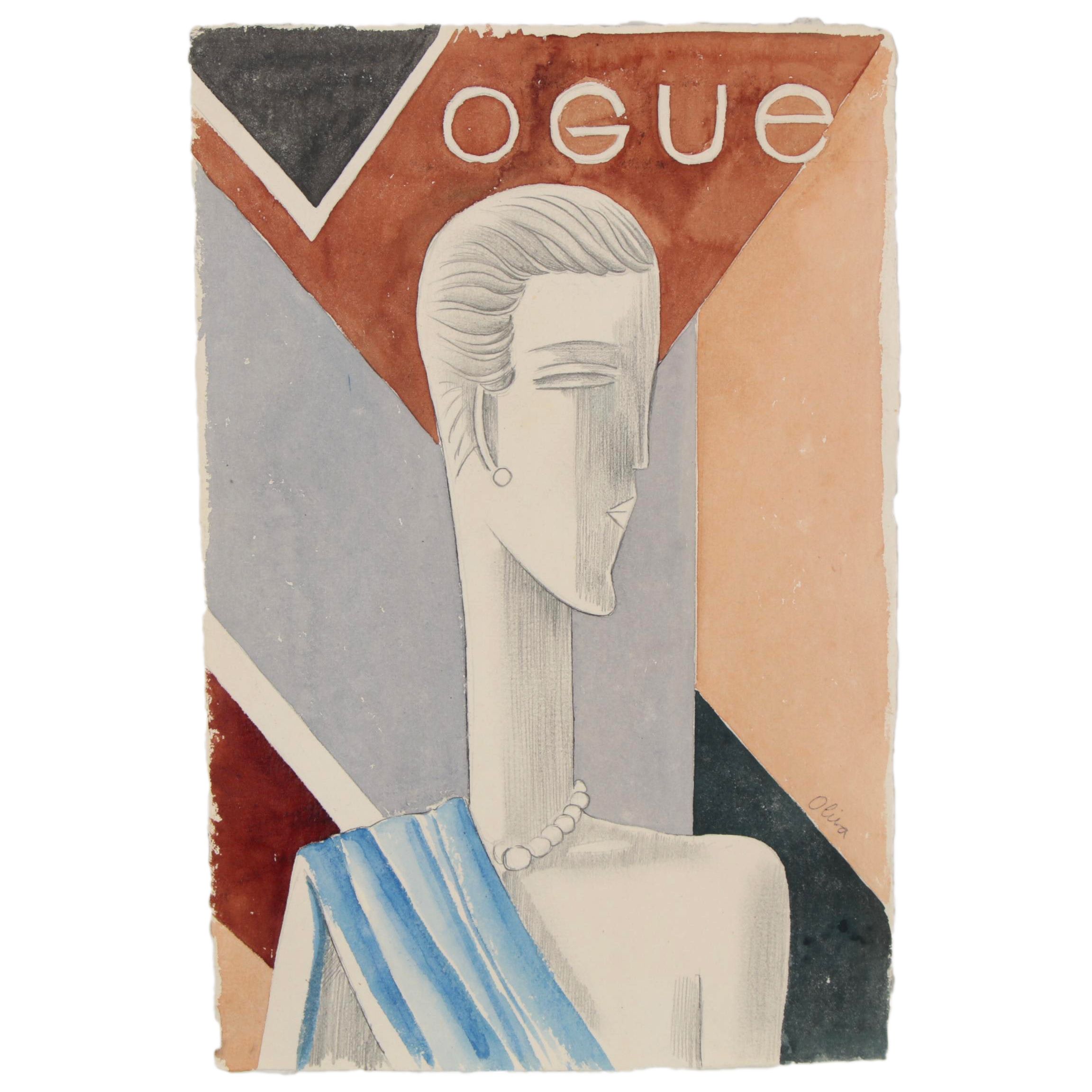 Eduardo Oliva Watercolor Fashion Illustration "Vogue," Late 20th Century
