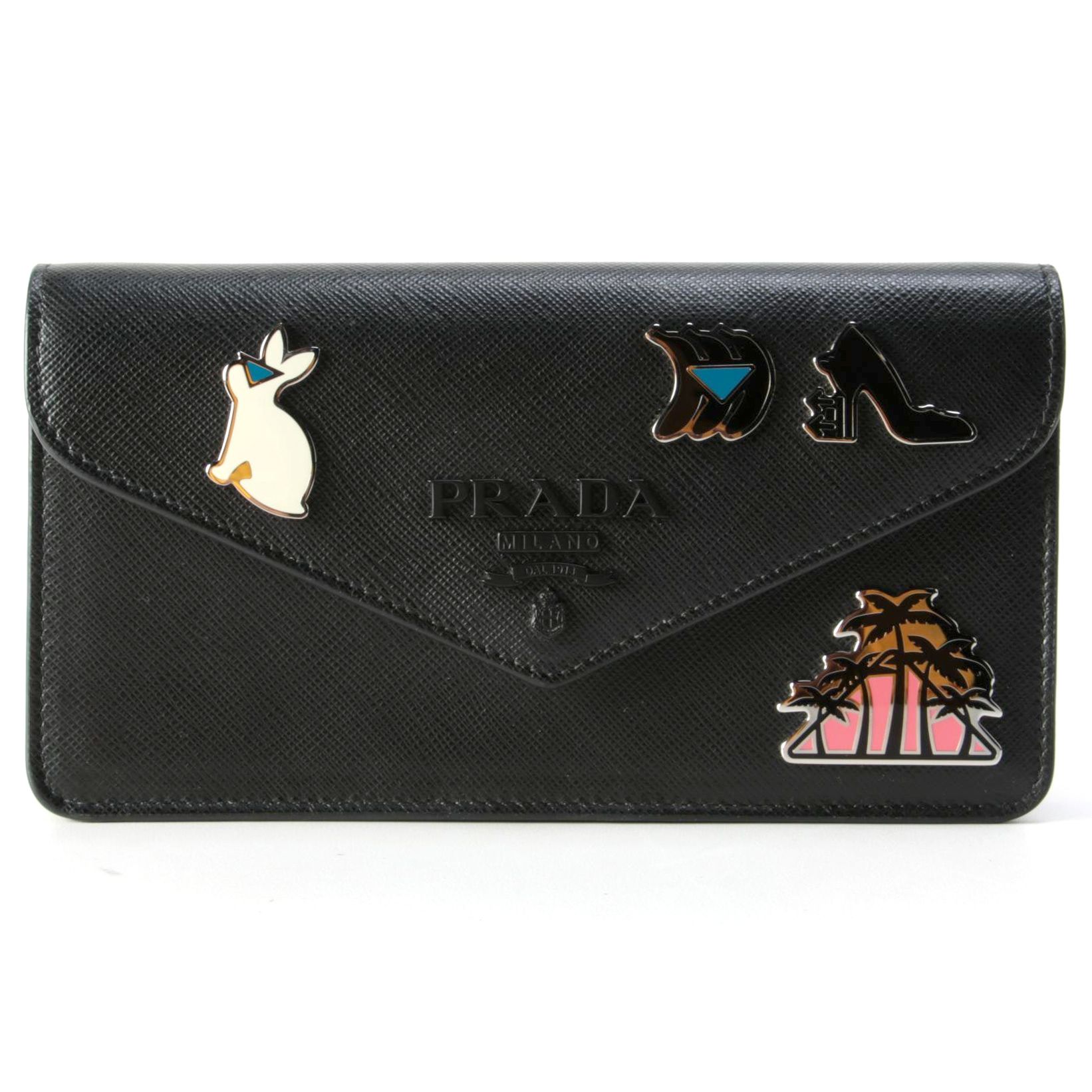 Prada Monochrome Enameled Wallet on Chain in Black Saffiano Leather