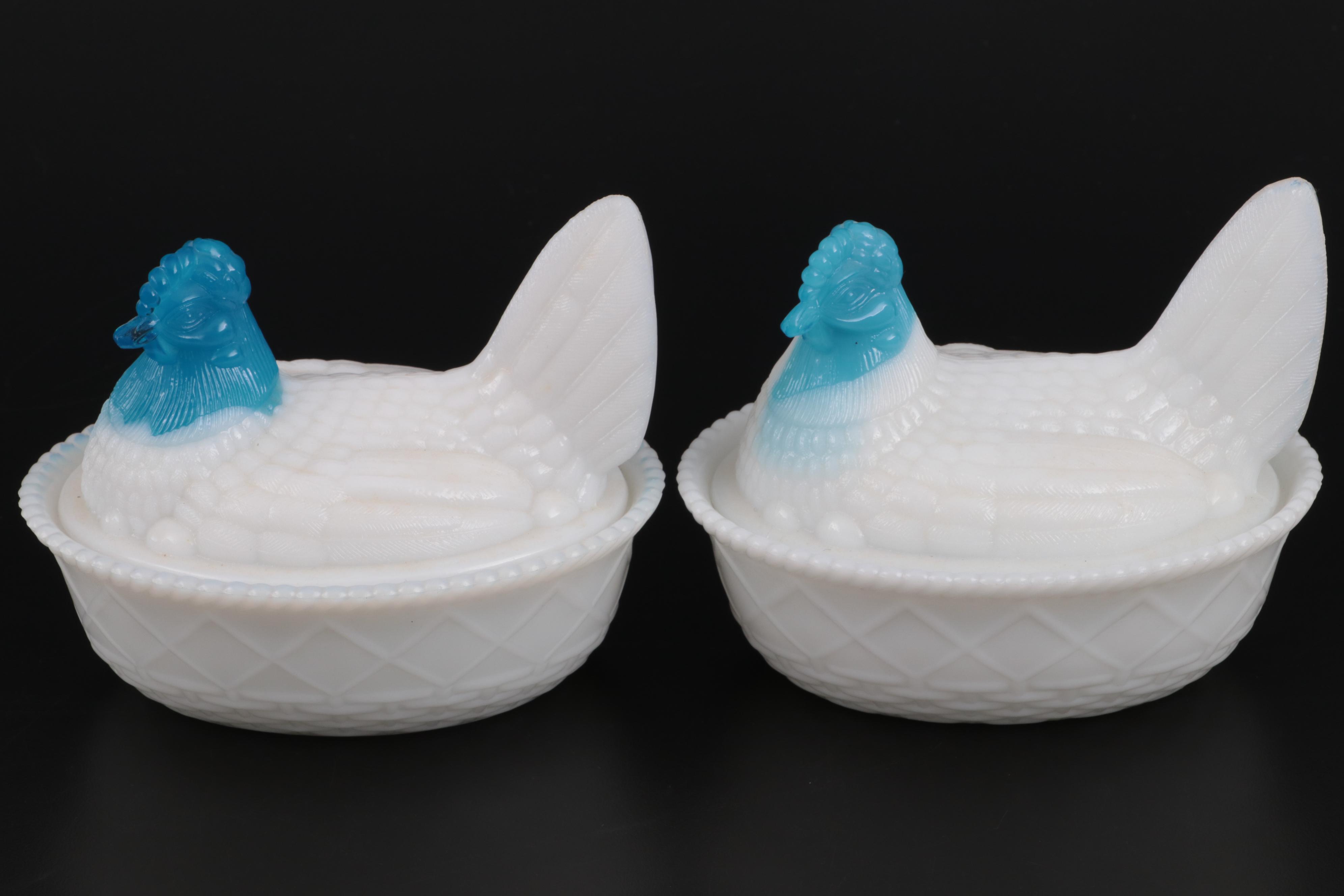 Westmoreland Milk Glass Rooster and Other Hen on Nest Dishes