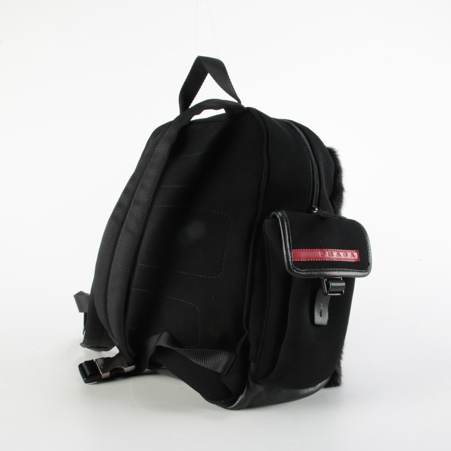 Prada Sport Backpack Purse in Black Fabric with Fur and Leather Trim