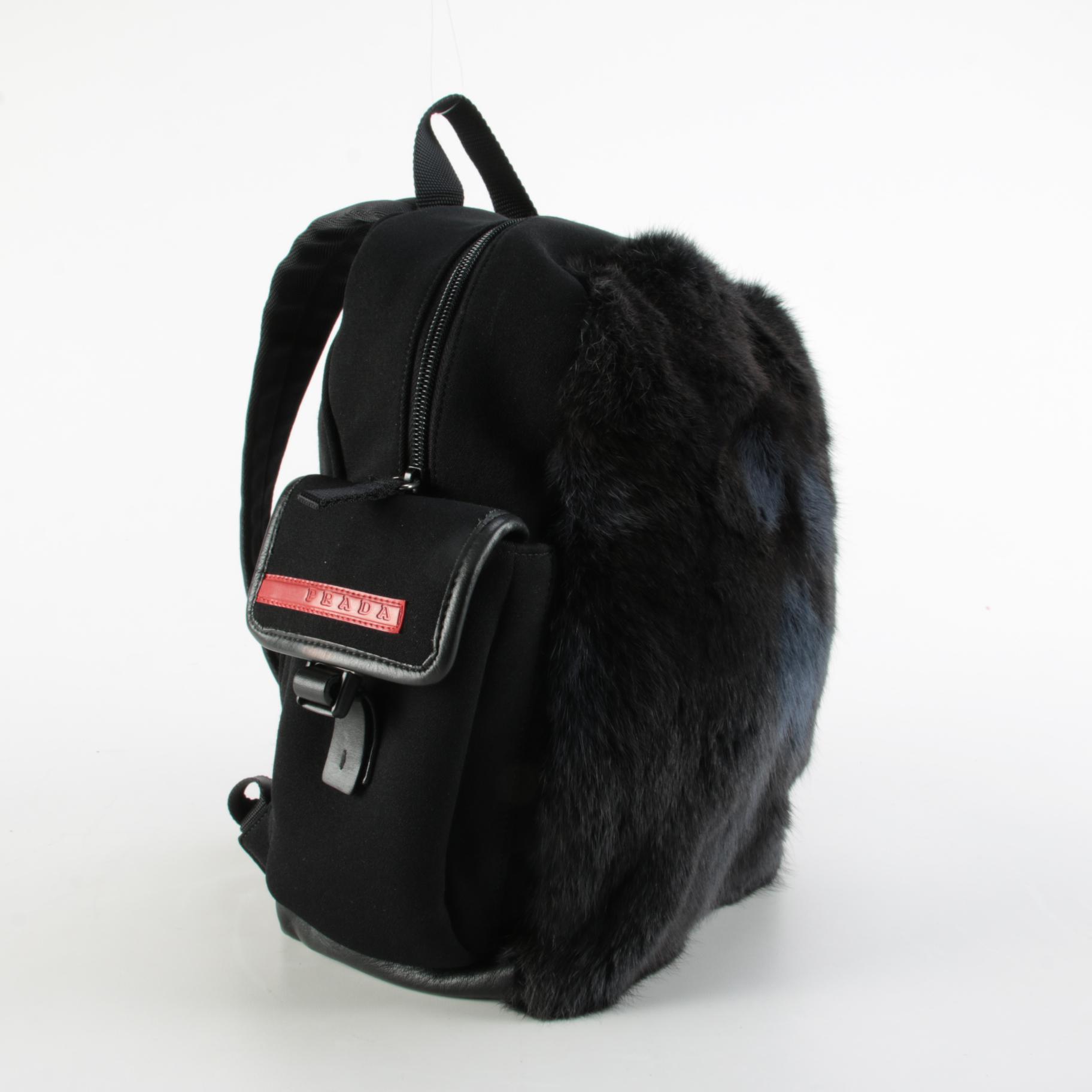 Prada Sport Backpack Purse in Black Fabric with Fur and Leather Trim