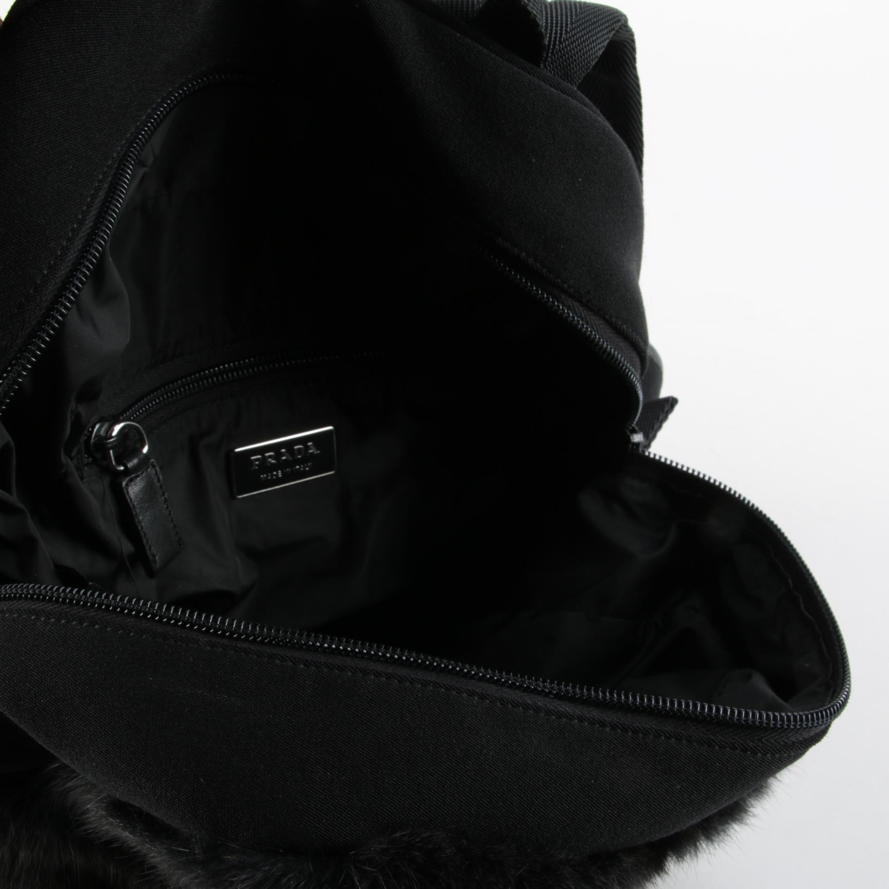 Prada Sport Backpack Purse in Black Fabric with Fur and Leather Trim