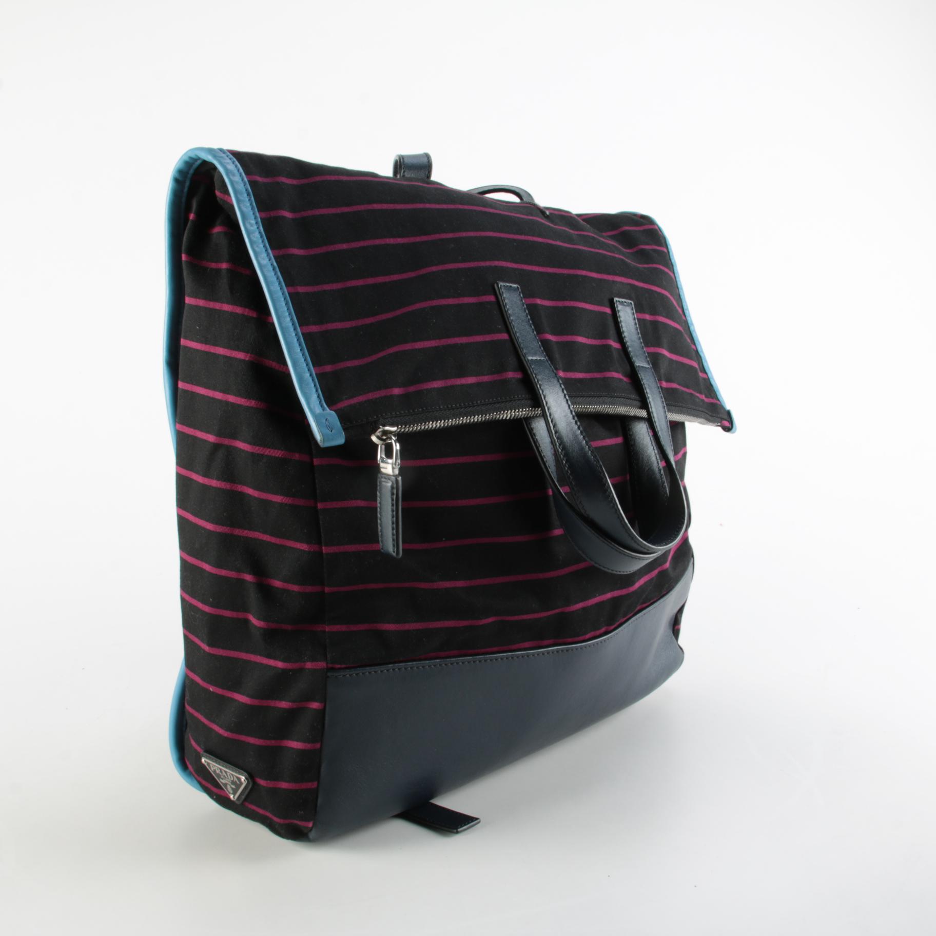 Prada Convertible Large Backpack Tote in Striped Tessuto with Leather Trim