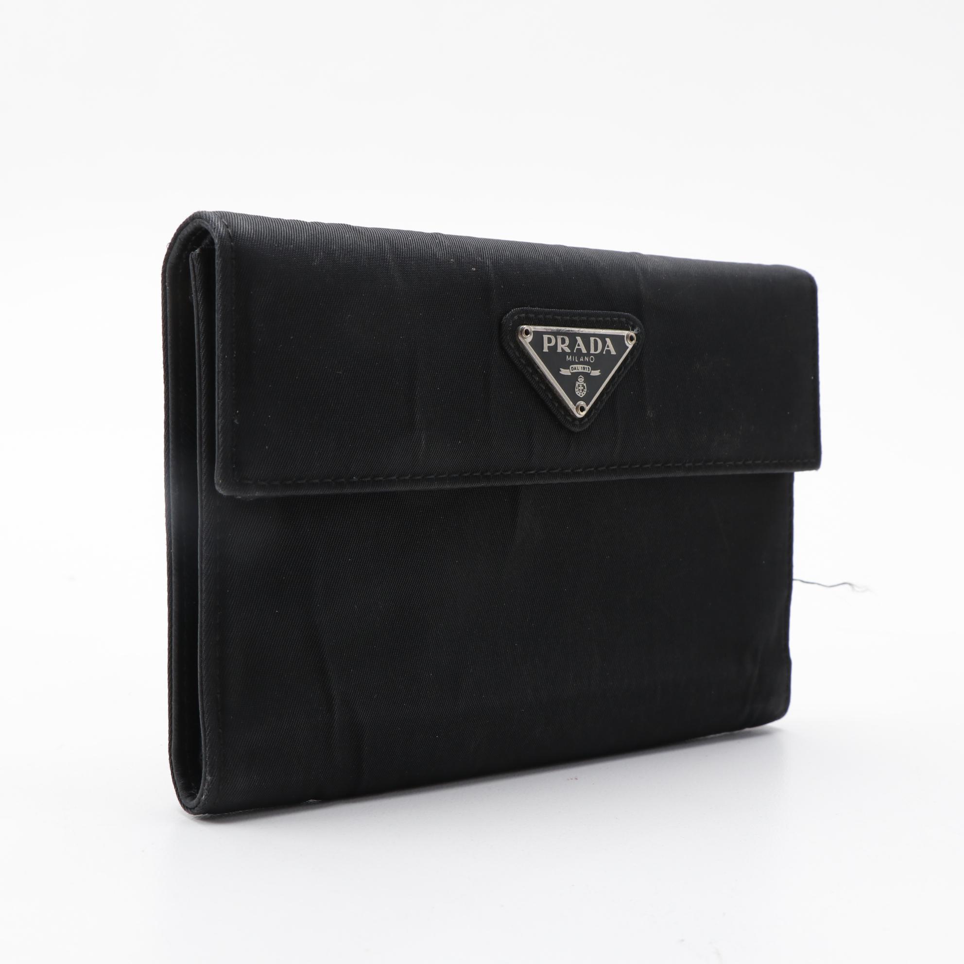 Prada Black Tessuto Nylon Vela Flap Wallet with Saffiano Leather
