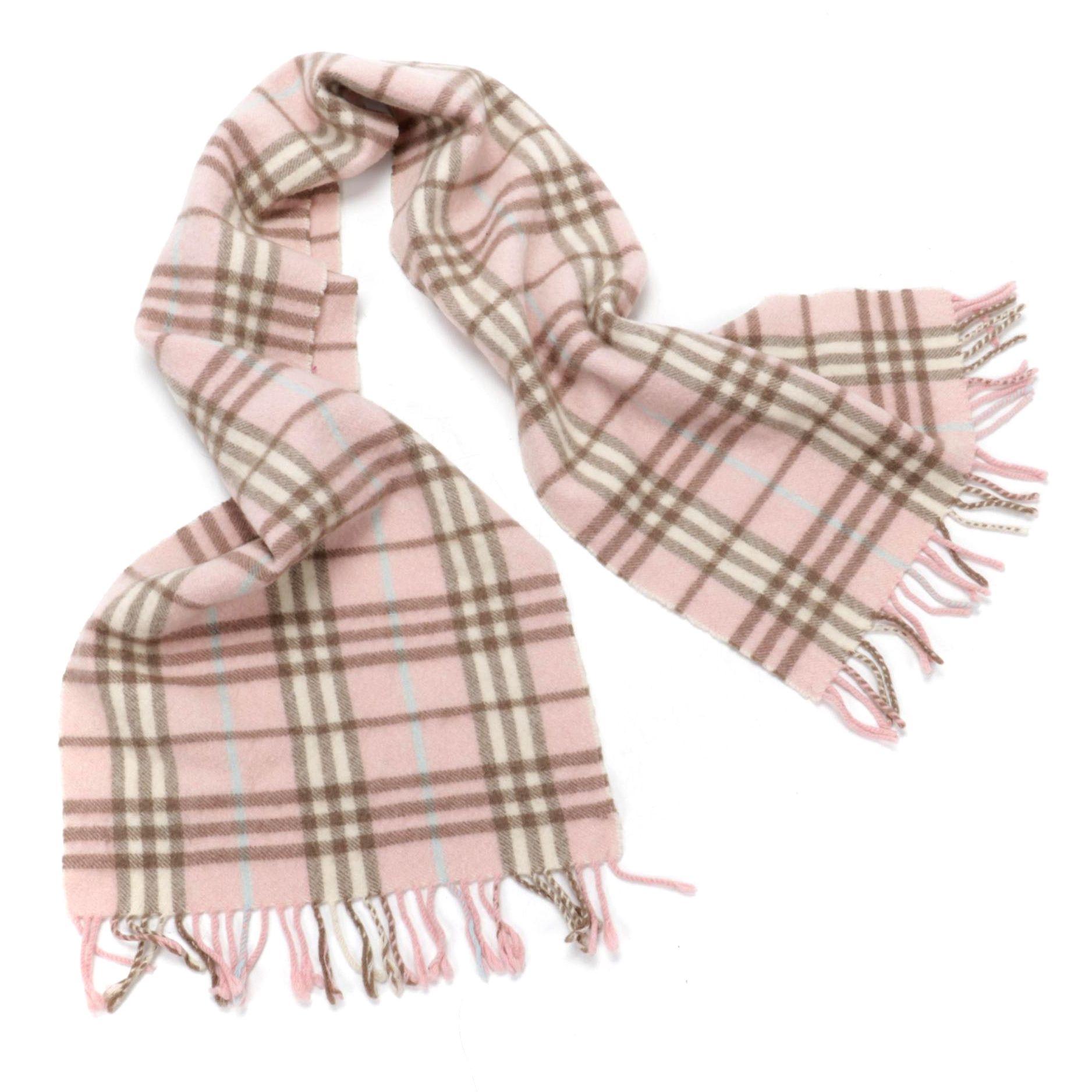 Burberry London Pink "Nova Check" Cashmere Fringed Scarf