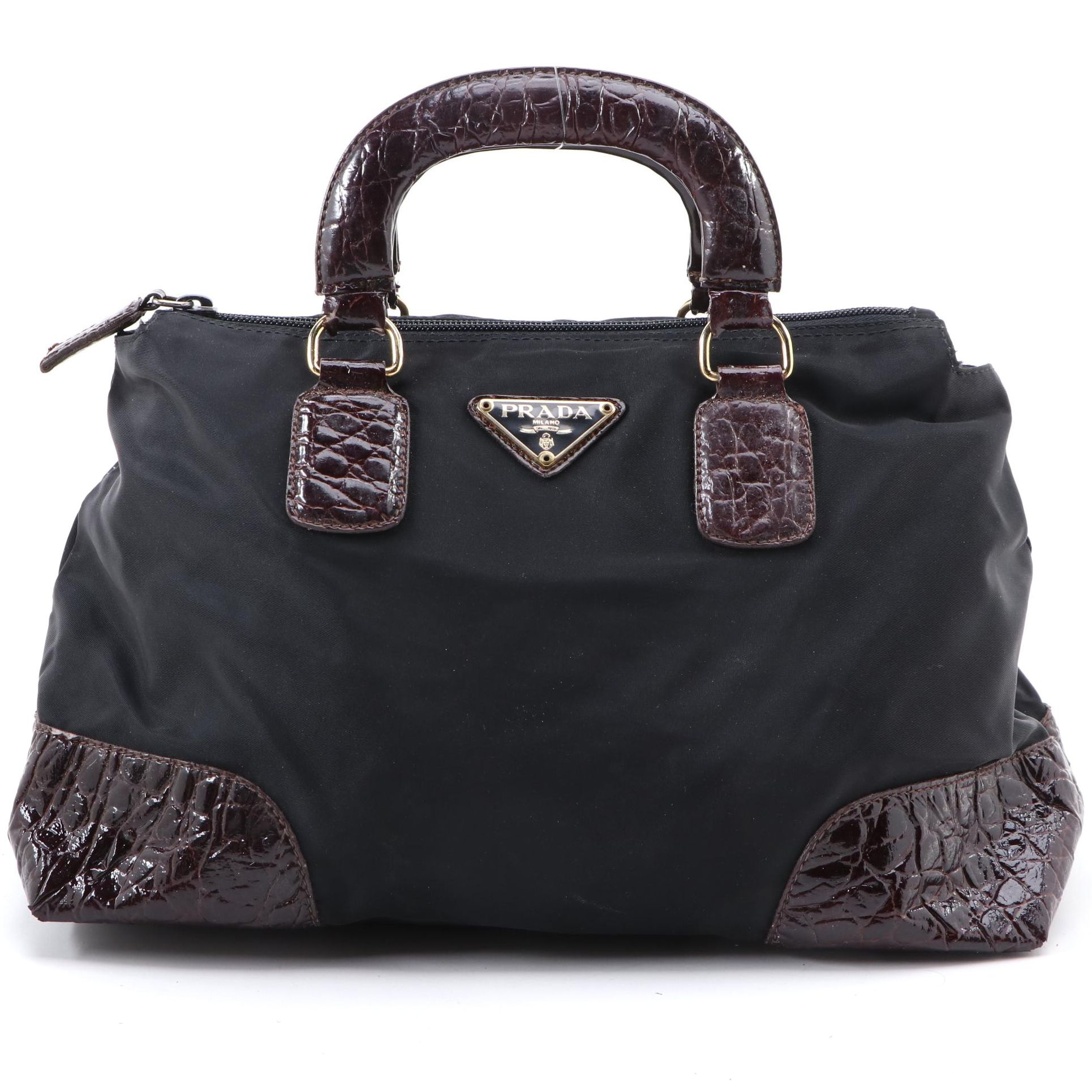Prada Black Nylon Top Handle Bag with Embossed Brown Leather Trim