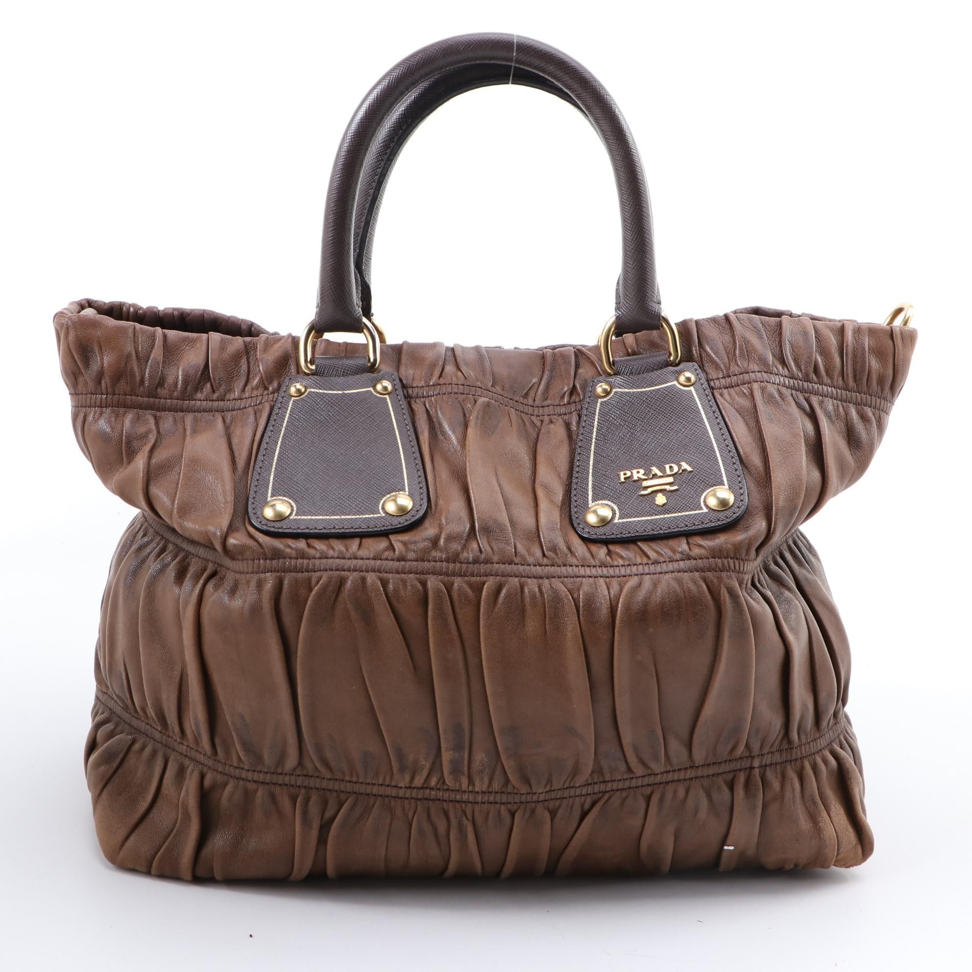 Prada Nappa Gaufre Top Handle Bag in Brown Lambskin and Saffiano Leather