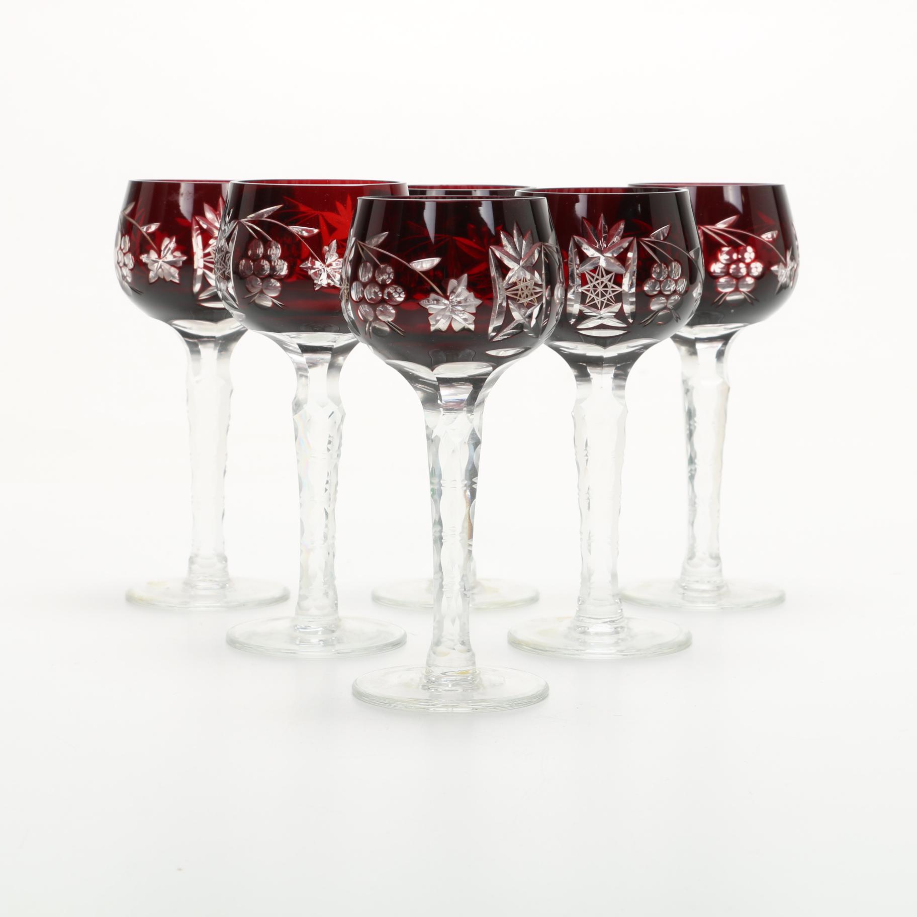Bohemian Style Cased Ruby Cut to Clear Hock Glasses, 20th Century