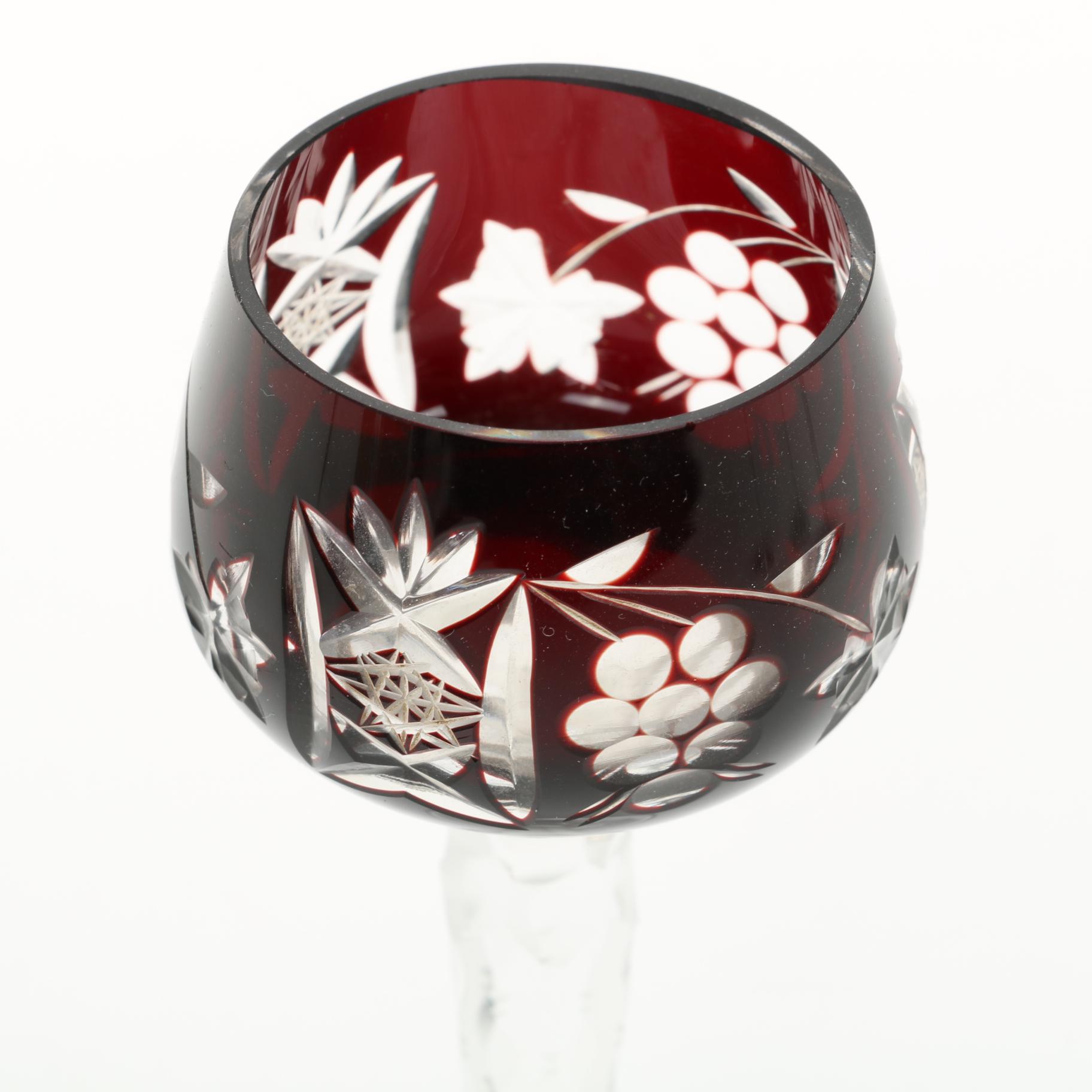 Bohemian Style Cased Ruby Cut to Clear Hock Glasses, 20th Century