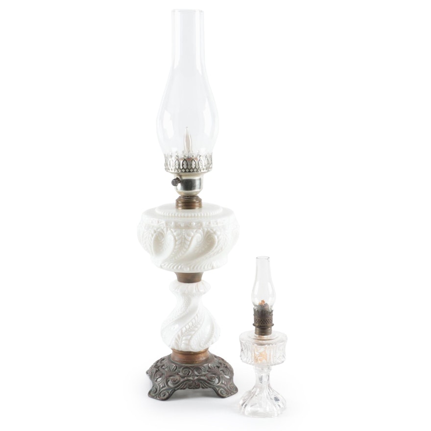 Pressed Glass Oil Lamp, with Milk Glass Lamp, 20th Century and Adapted