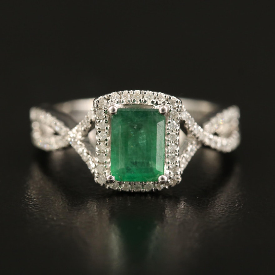 14K Emerald and Diamond Halo Ring