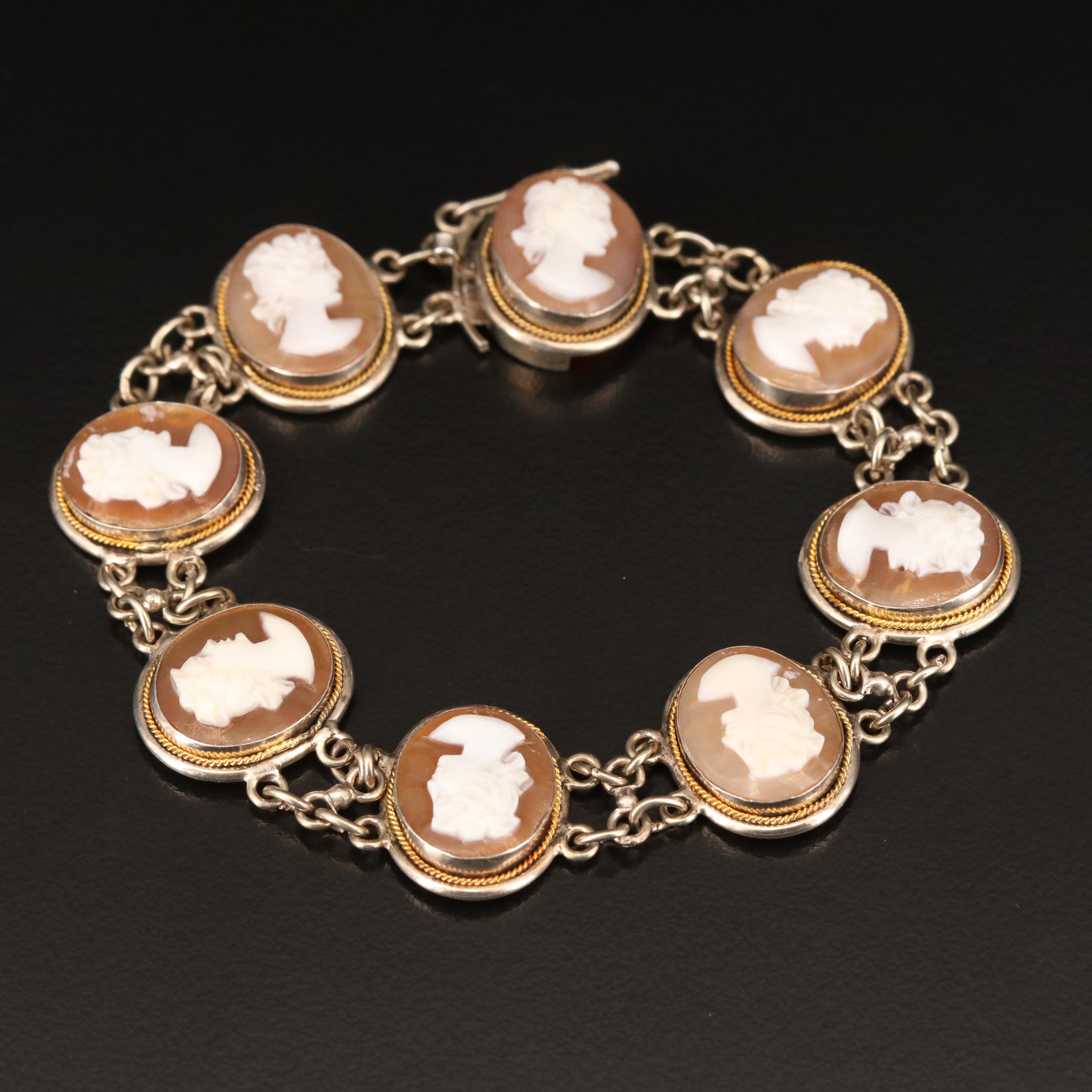 Vintage 800 Silver Shell Cameo Bracelet