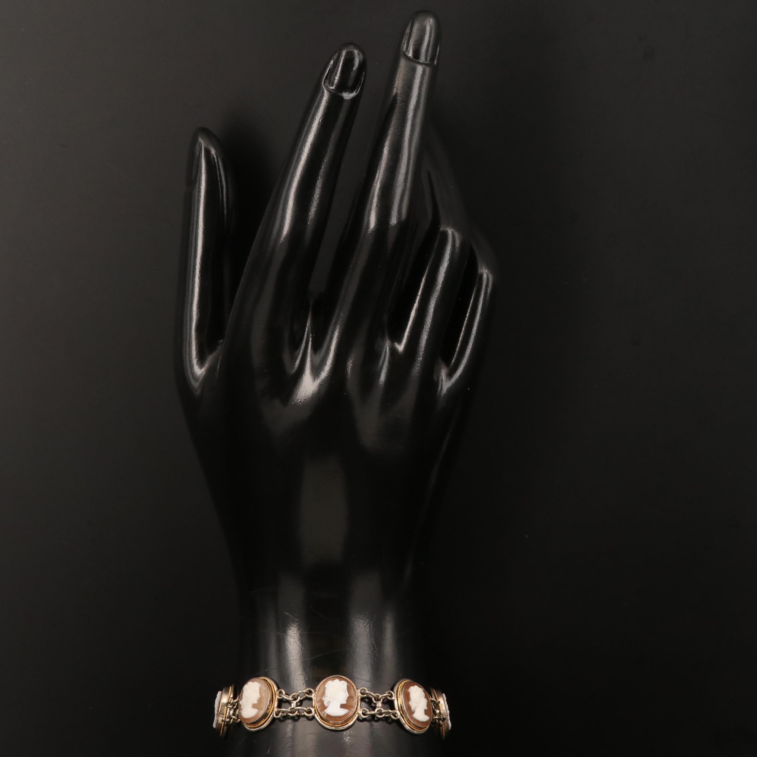 Vintage 800 Silver Shell Cameo Bracelet