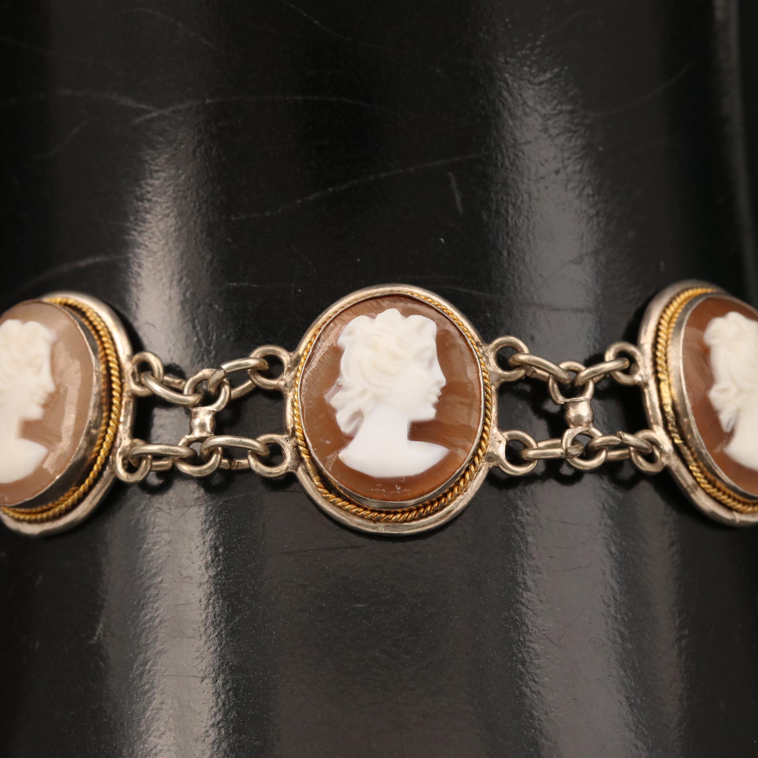 Vintage 800 Silver Shell Cameo Bracelet