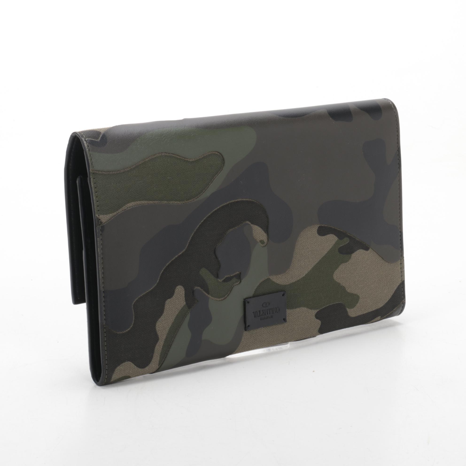 Valentino Garavani Travel Document Case in Camouflage Leather and Canvas