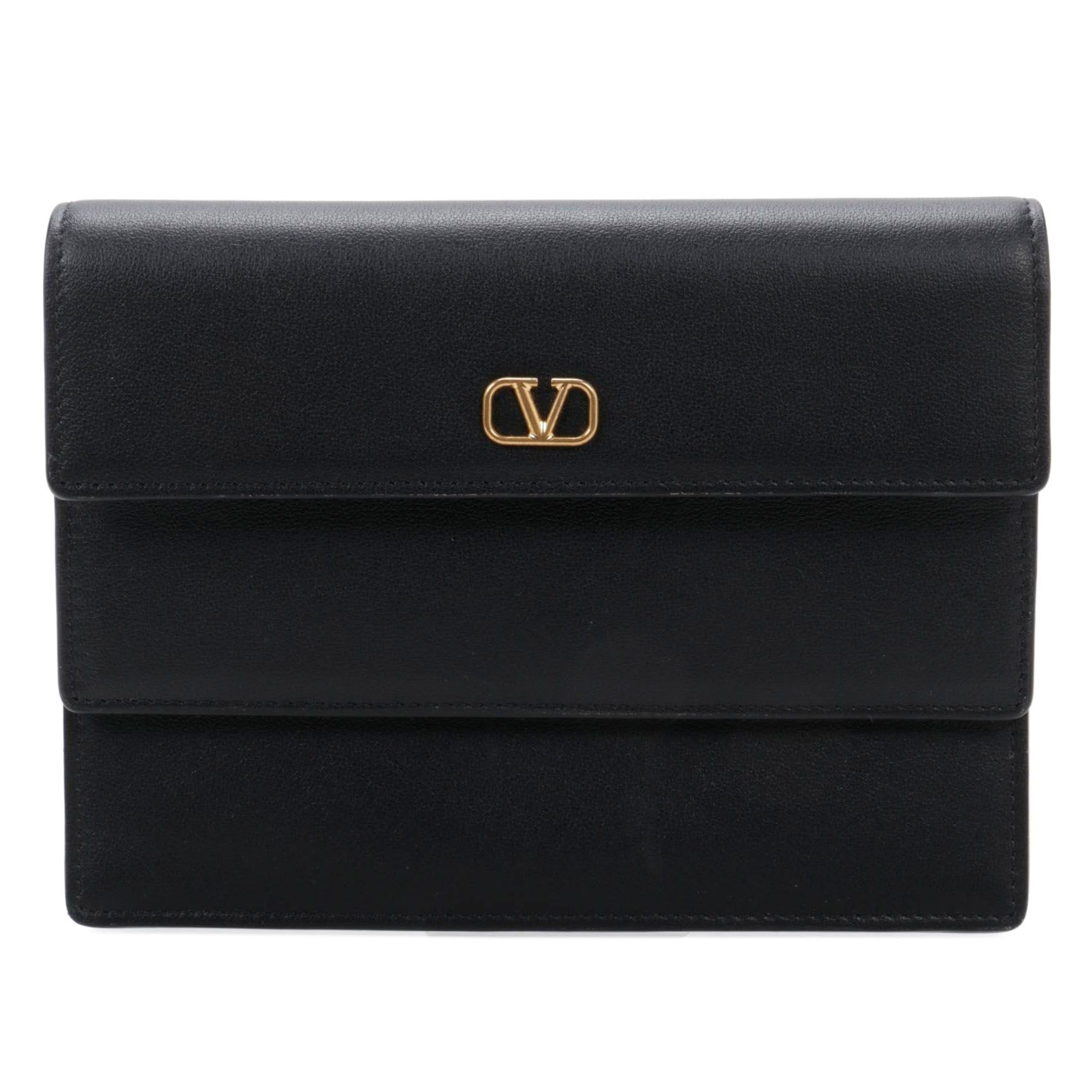Valentino VLogo Double Flap Clutch in Black Leather