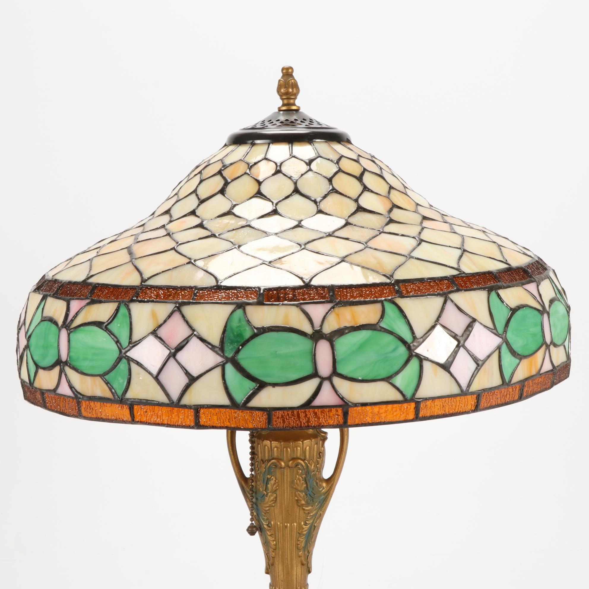 Art Nouveau Style Painted Metal Slag Glass Table Lamp