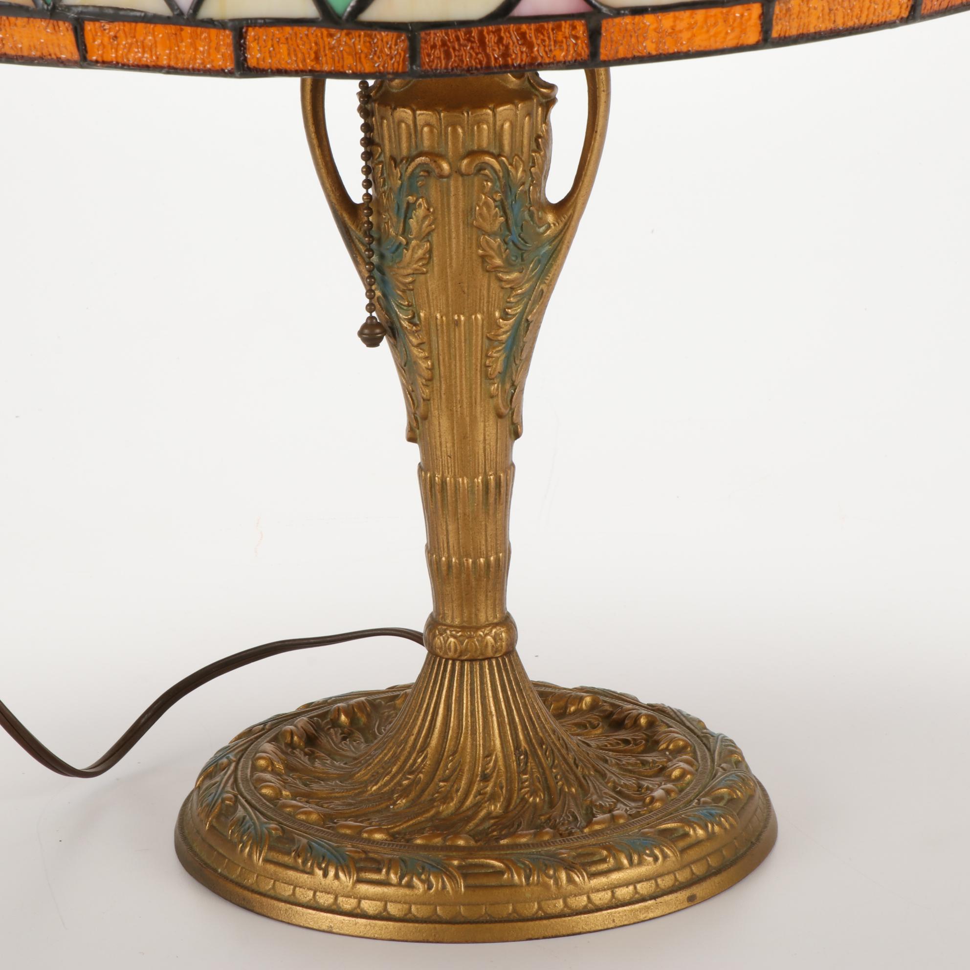 Art Nouveau Style Painted Metal Slag Glass Table Lamp