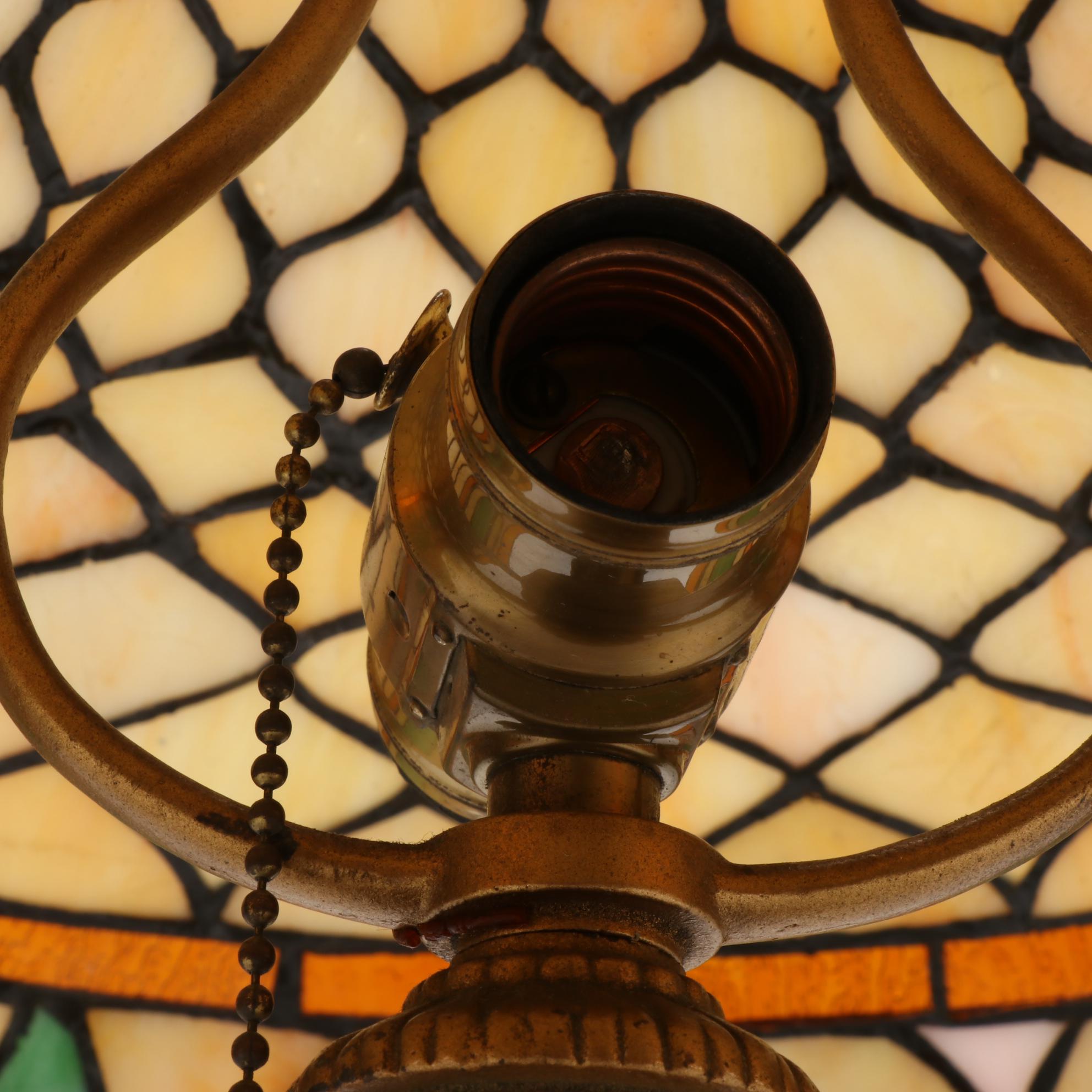 Art Nouveau Style Painted Metal Slag Glass Table Lamp