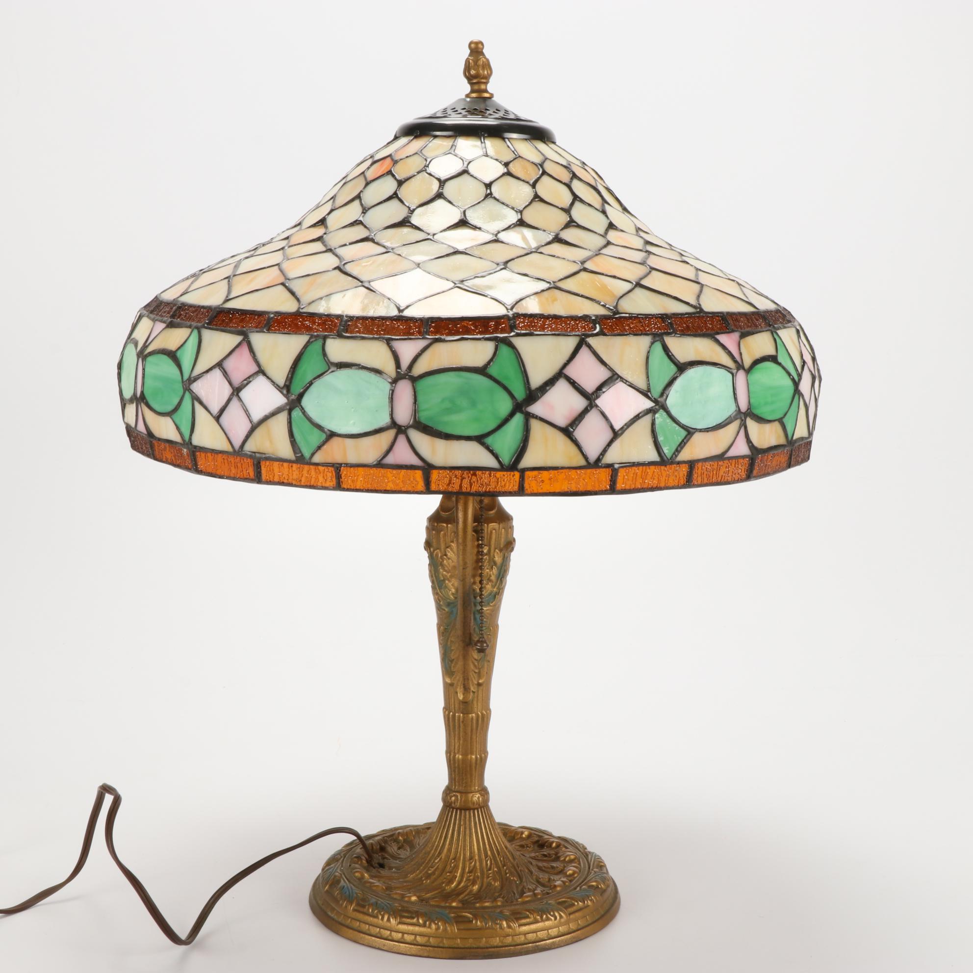 Art Nouveau Style Painted Metal Slag Glass Table Lamp