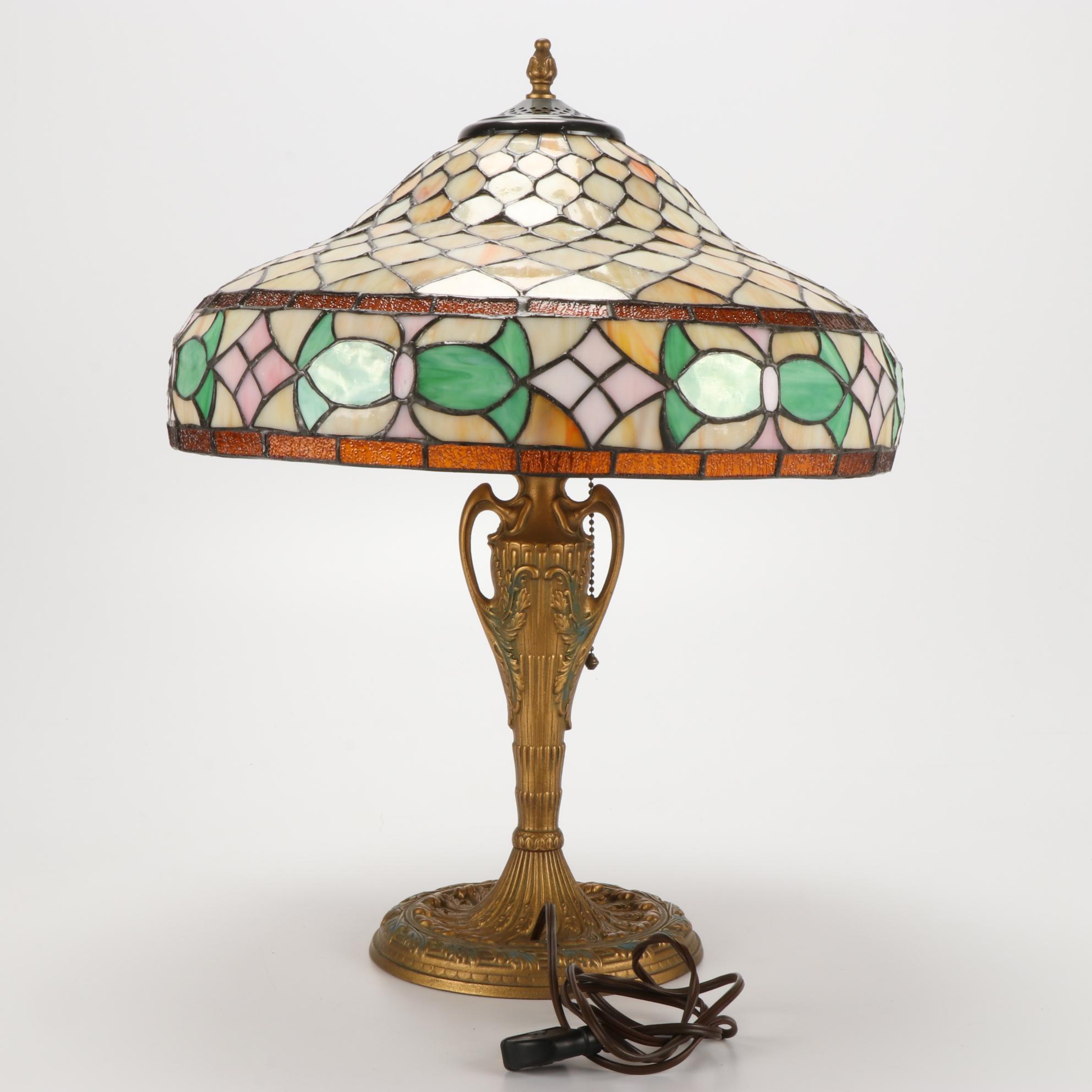 Art Nouveau Style Painted Metal Slag Glass Table Lamp