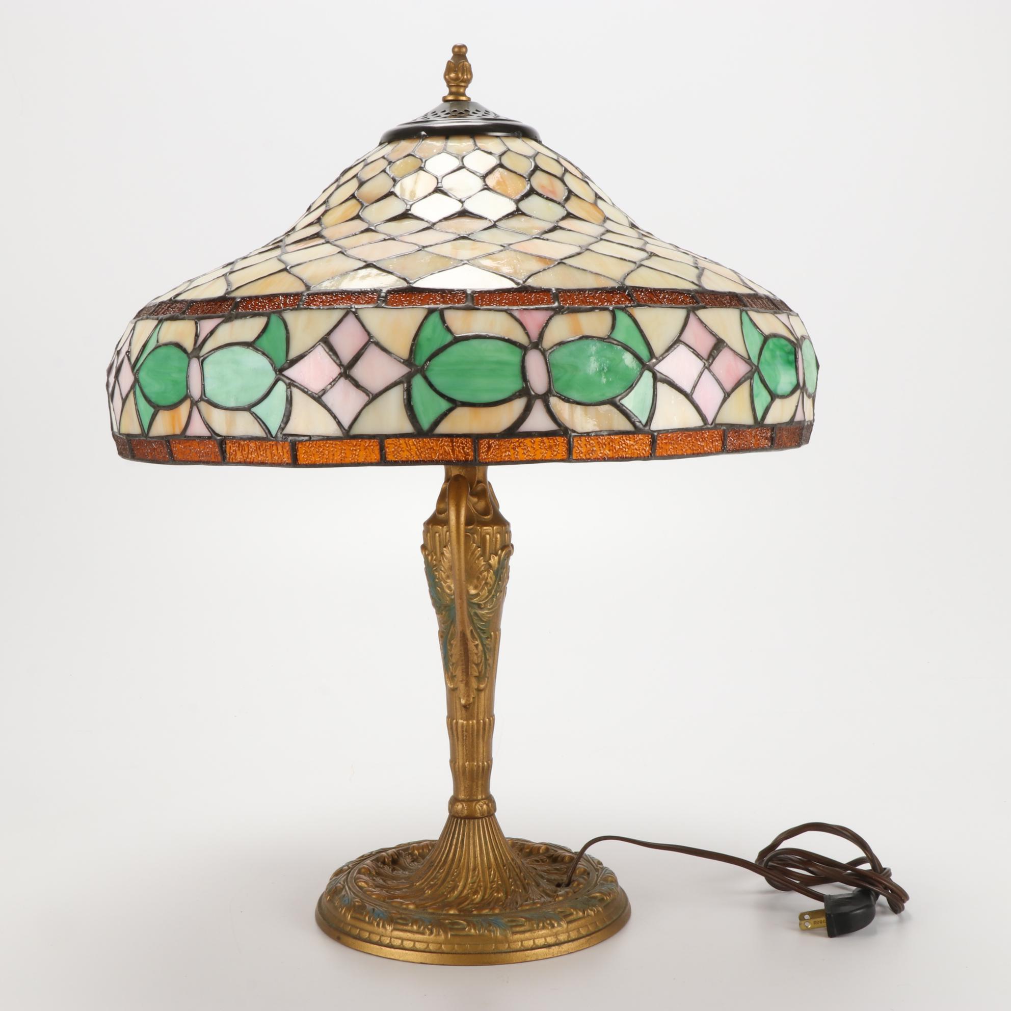 Art Nouveau Style Painted Metal Slag Glass Table Lamp