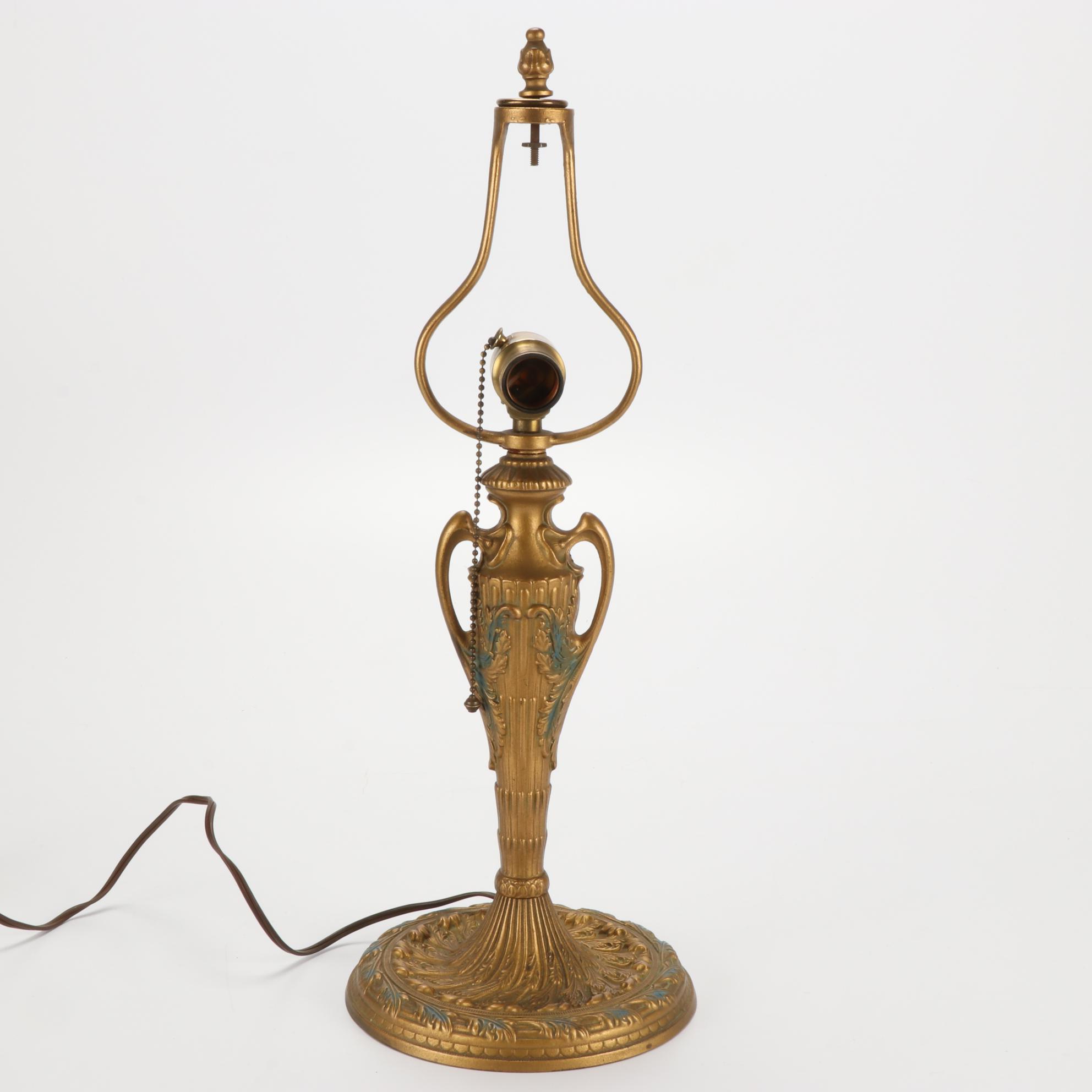 Art Nouveau Style Painted Metal Slag Glass Table Lamp