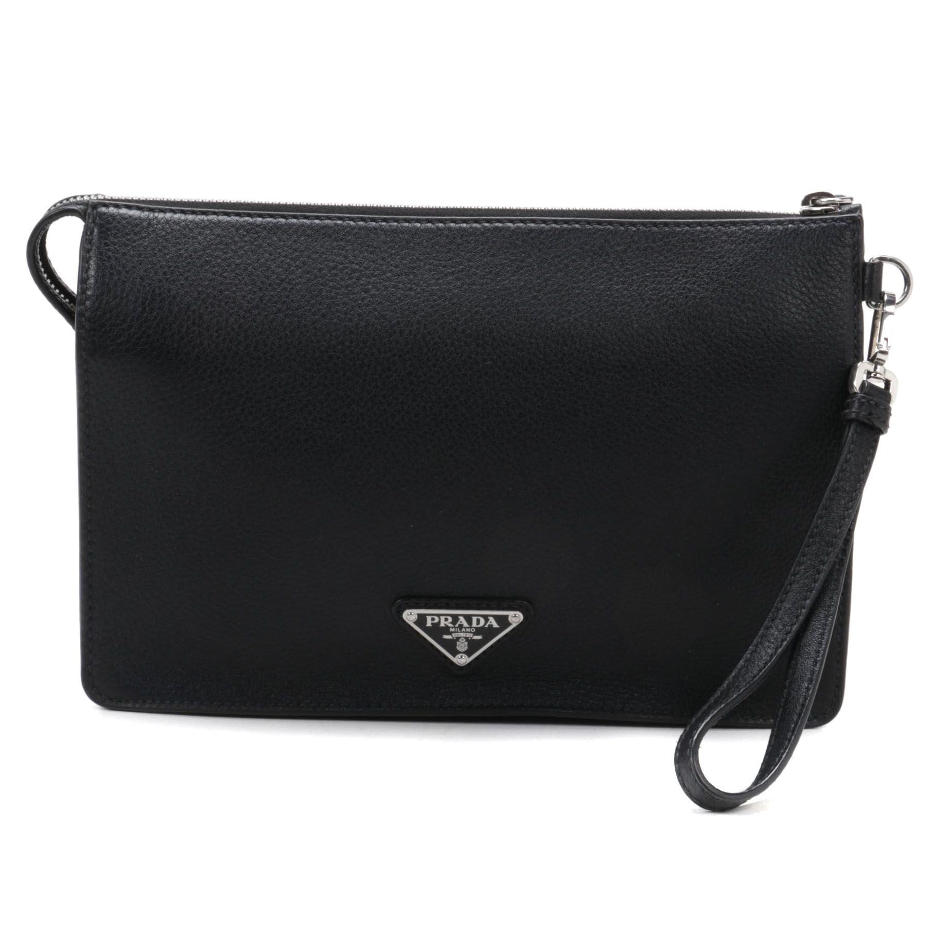 Prada Wristlet Clutch in Black Grained Leather