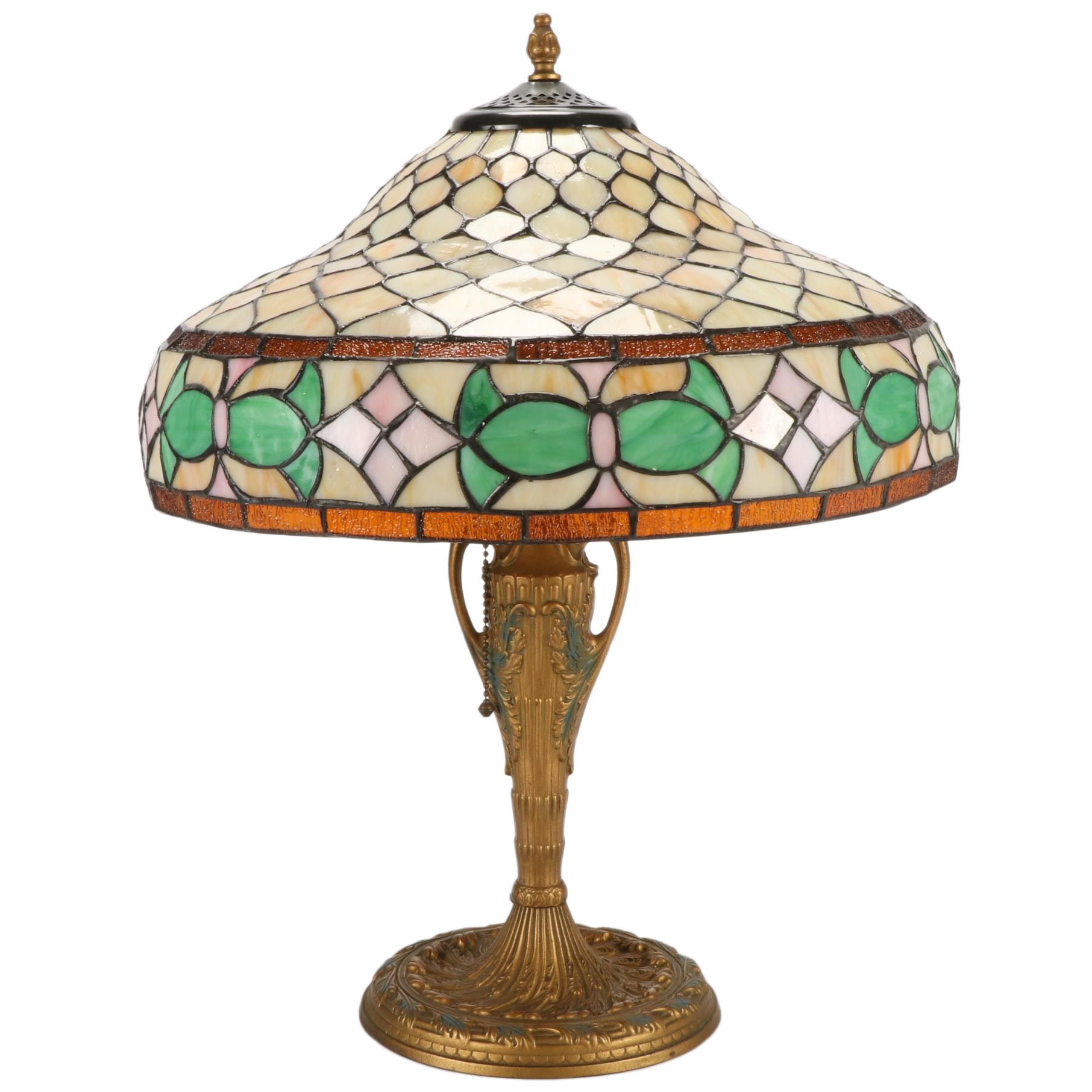 Art Nouveau Style Painted Metal Slag Glass Table Lamp