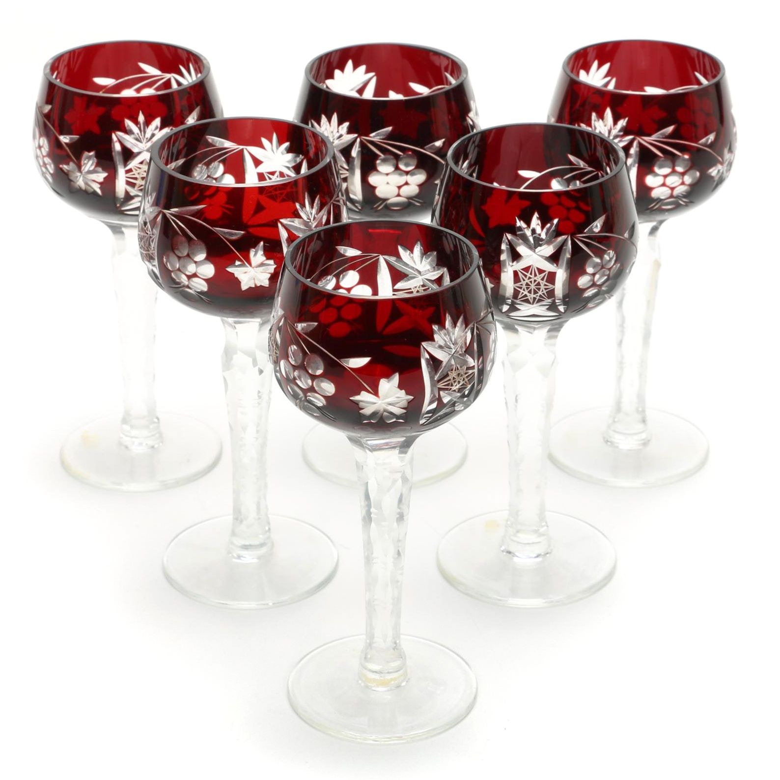 Bohemian Style Cased Ruby Cut to Clear Hock Glasses, 20th Century