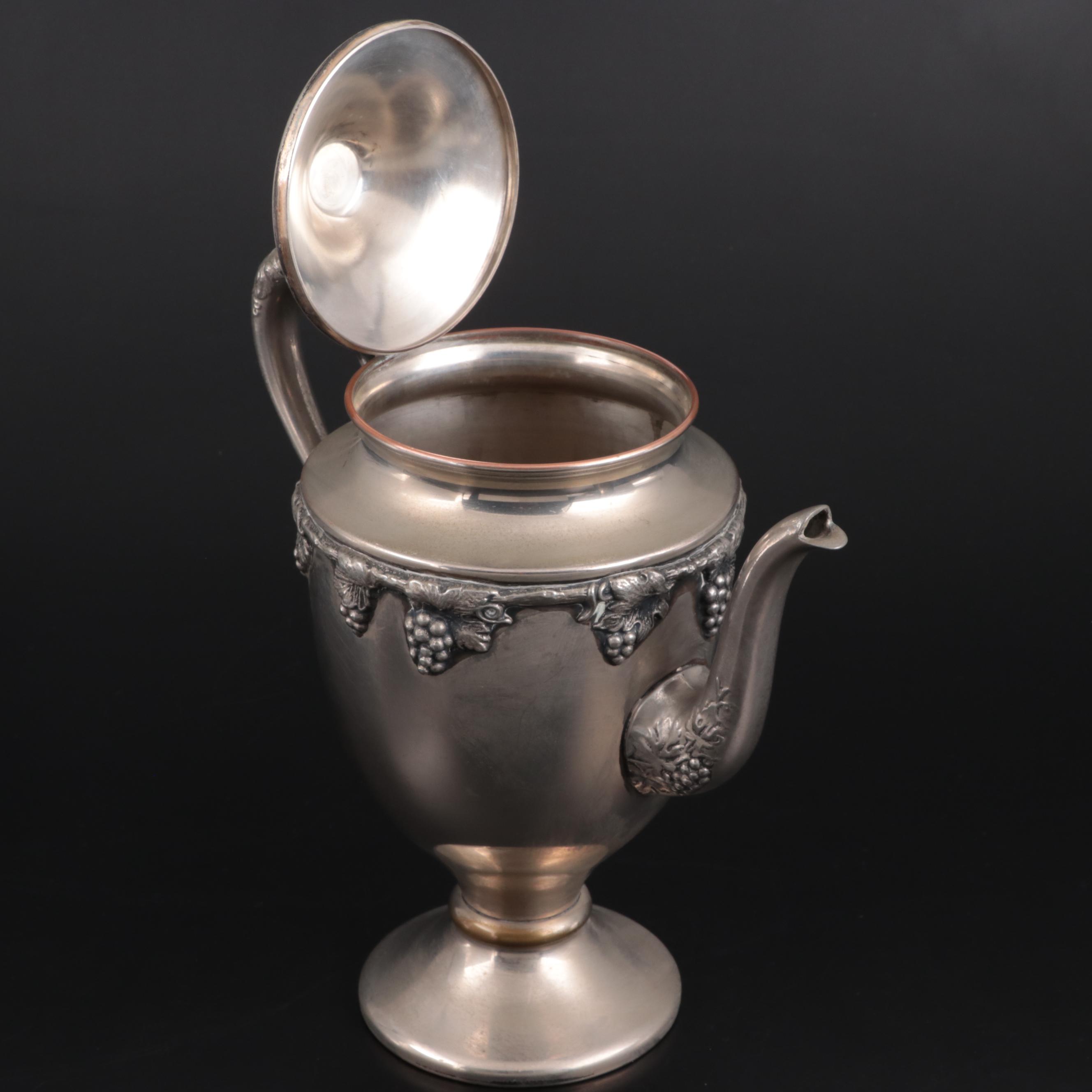 Lehman Brothers Silver Plate Footed Teapot, Creamer, and Sugar, Mid-Late 20th C.